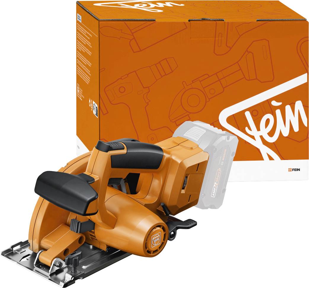 An orange cordless power tool with a circular blade is placed in front of an orange box featuring an outline drawing and 'fein' logo.