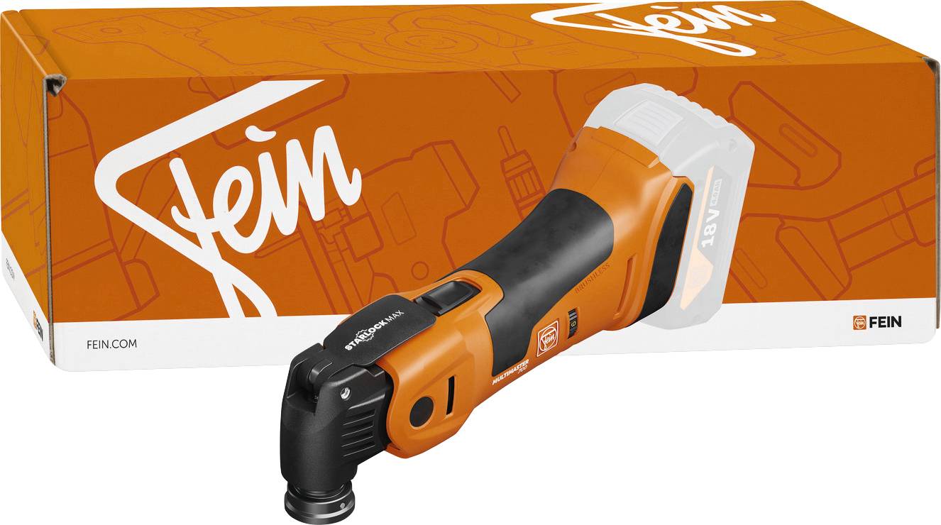 'FEIN MultiMaster' oscillating tool with an orange and black design next to its branded box.