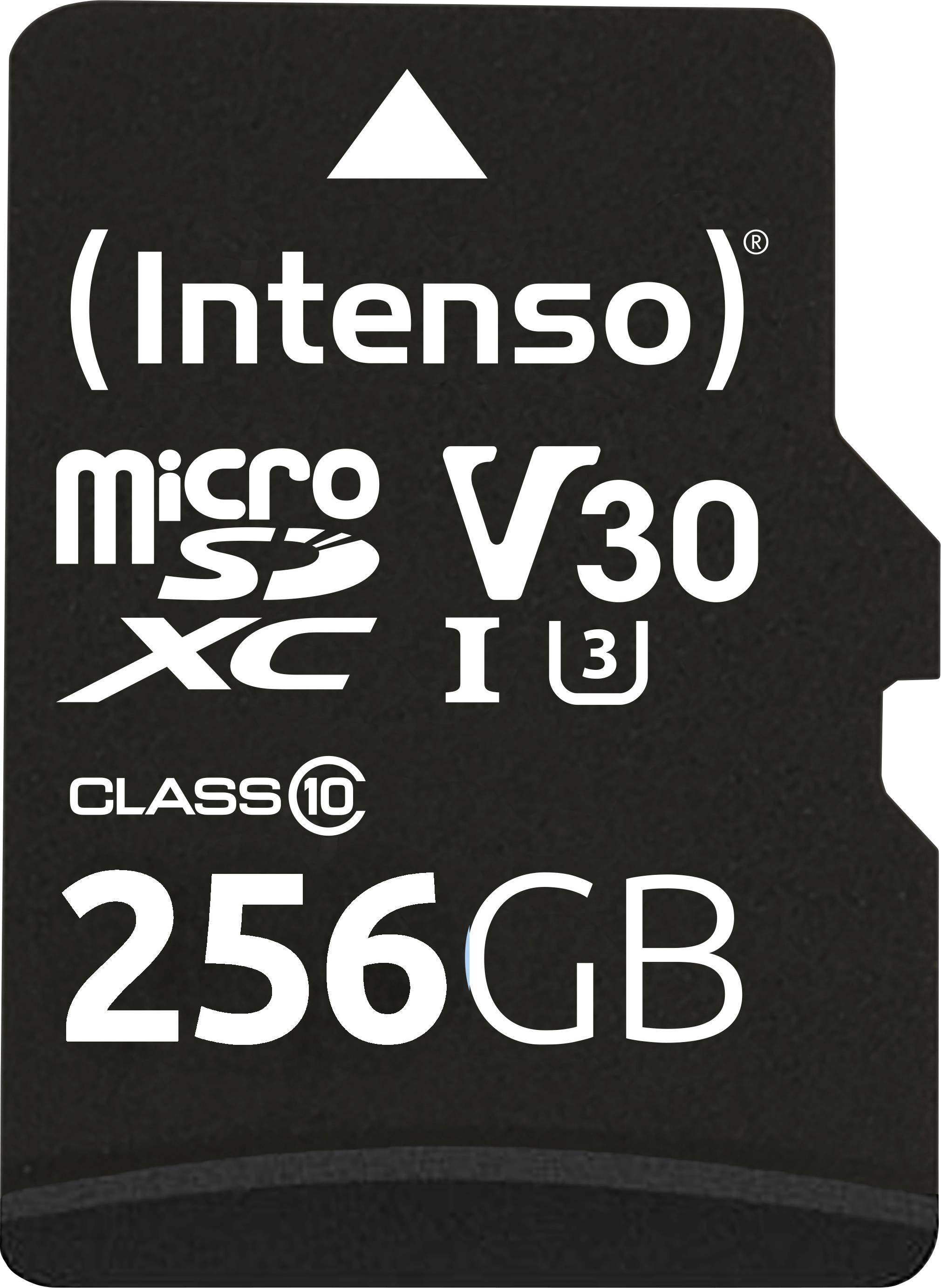 'Intenso' branded 256GB microSDXC memory card, Class 10, V30, UHS-I U3, with black background and white text.