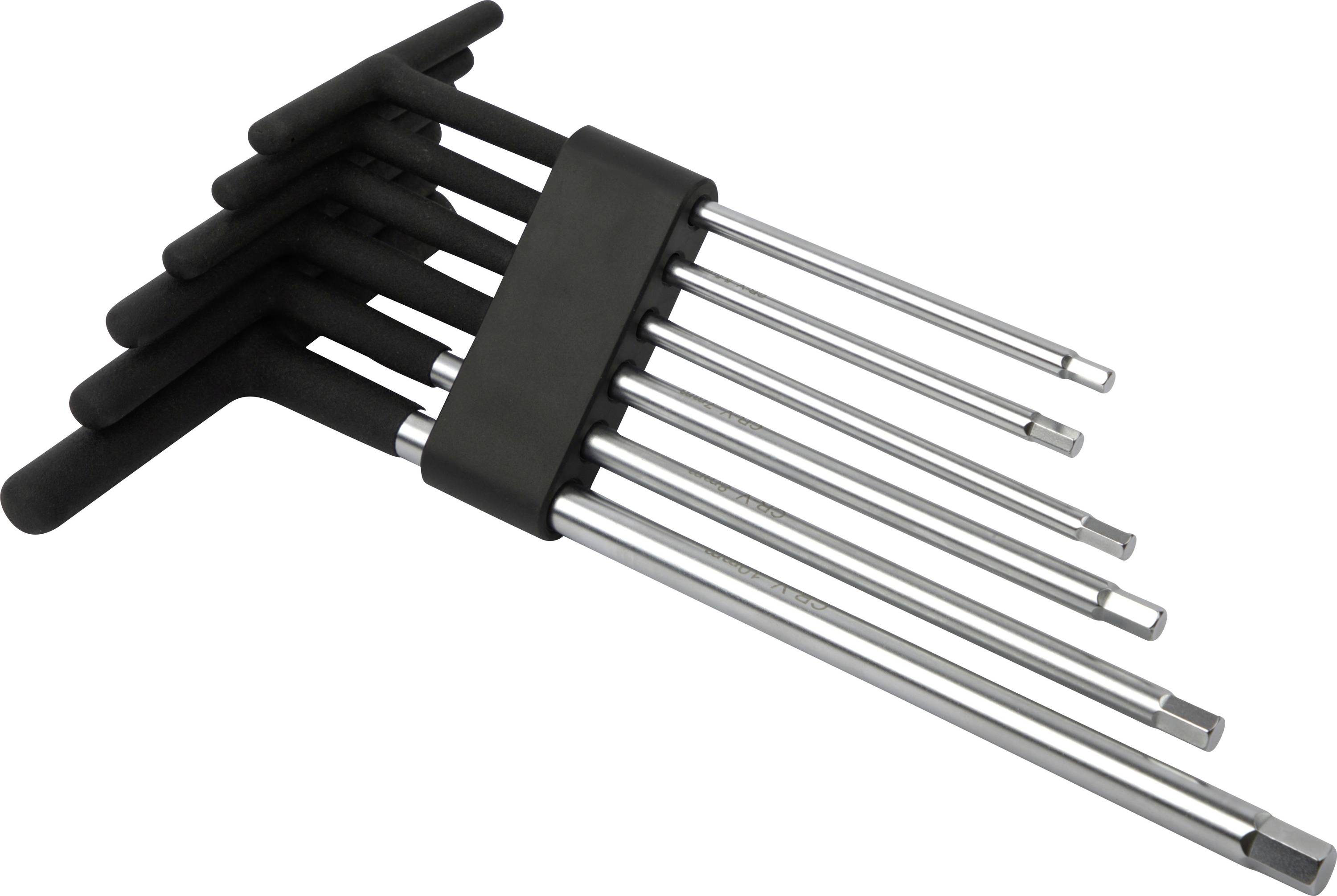 A set of T-handle hex wrenches in various sizes arranged in a holder, useful for mechanical repairs and assembly.