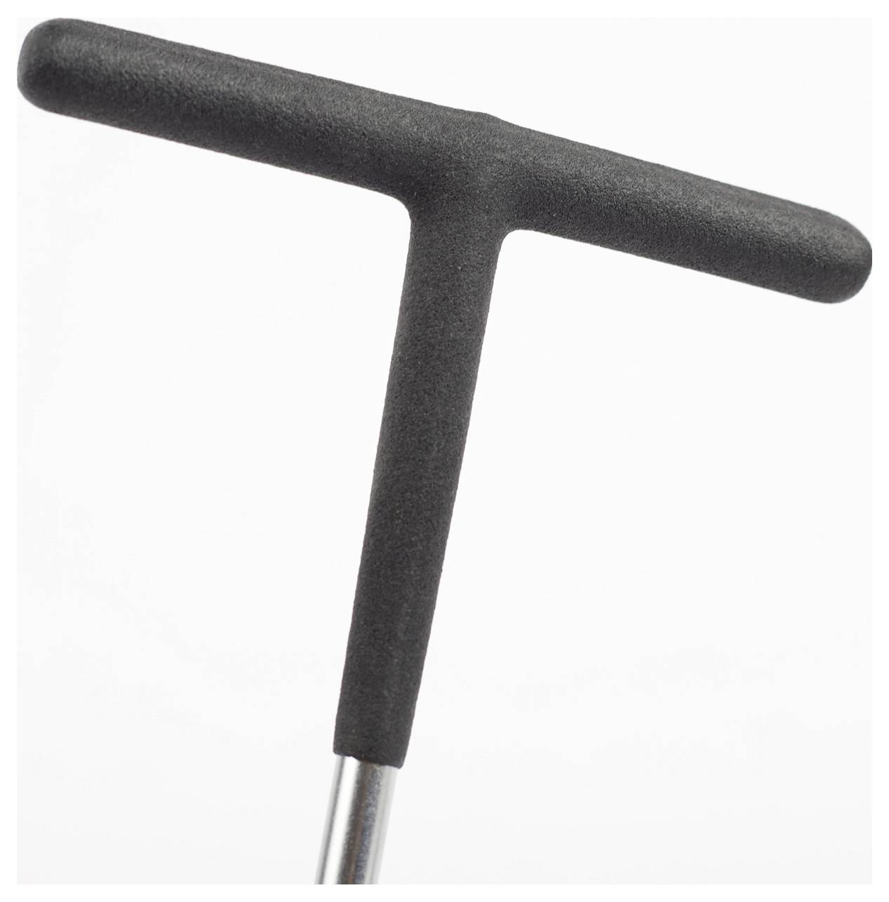 A black T-handle tool with a metallic shaft, designed for manual use.