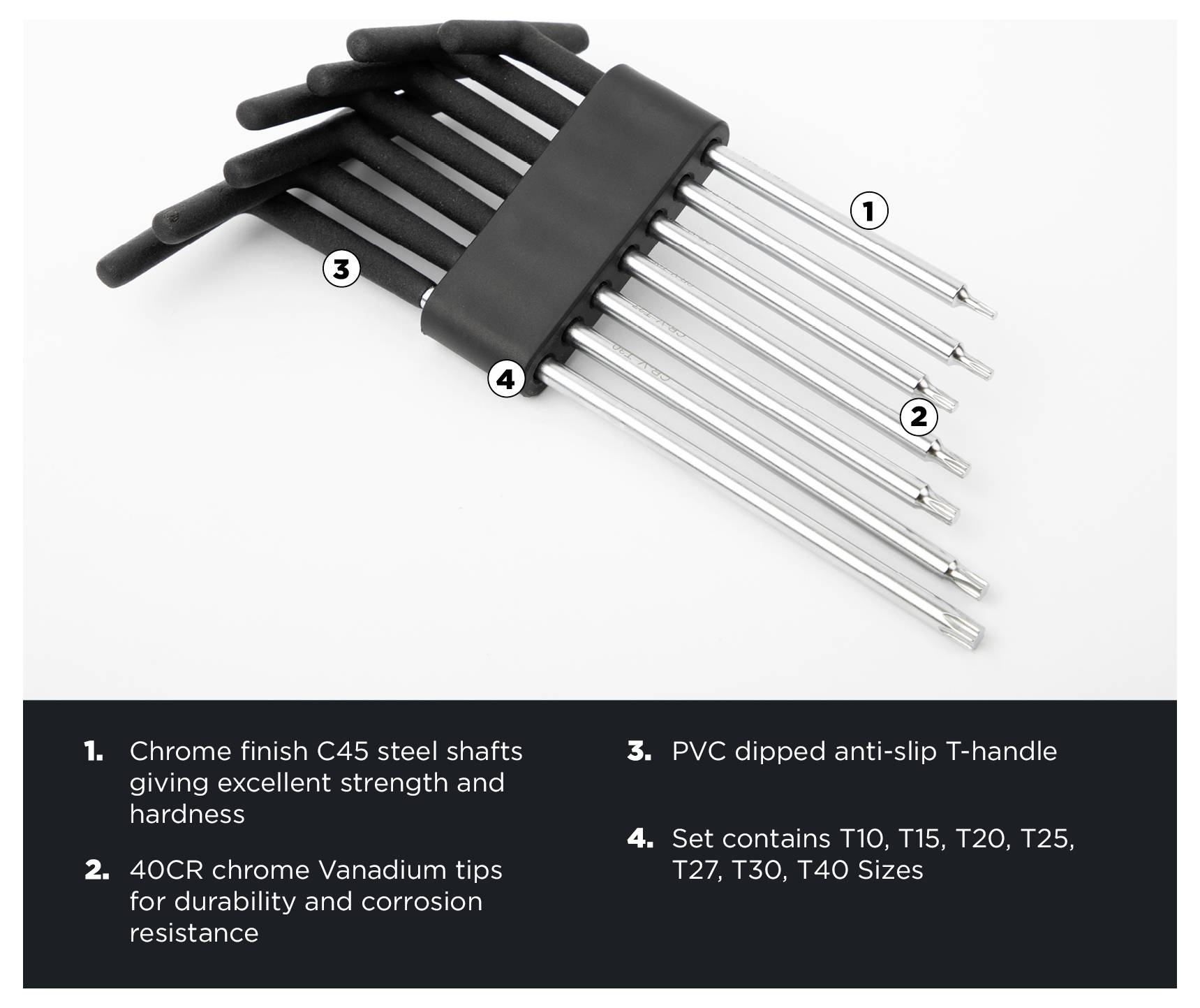 T-handle hex key set with chrome shafts and Vanadium tips, shown in different sizes. Includes anti-slip handle and size details.