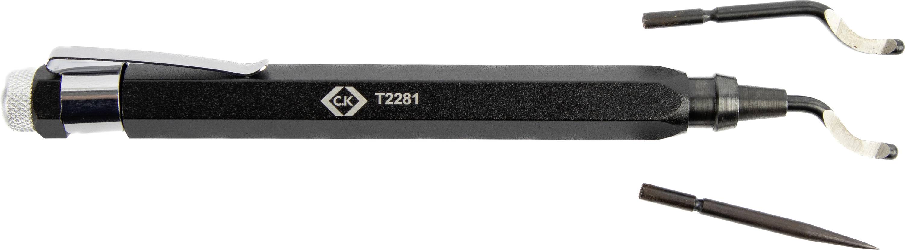 A deburring tool with a black handle, silver clip, and curved blade attachments. Model number 'T2281' is visible on the handle.