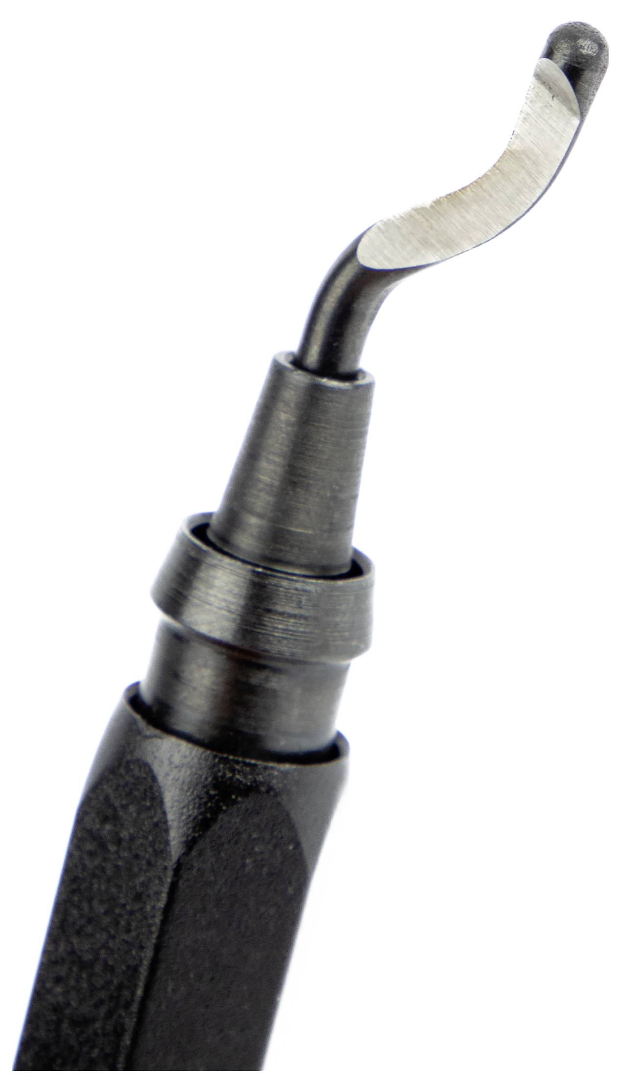 Curved deburring blade attached to a black handle, used for removing burrs from metal or plastic surfaces.