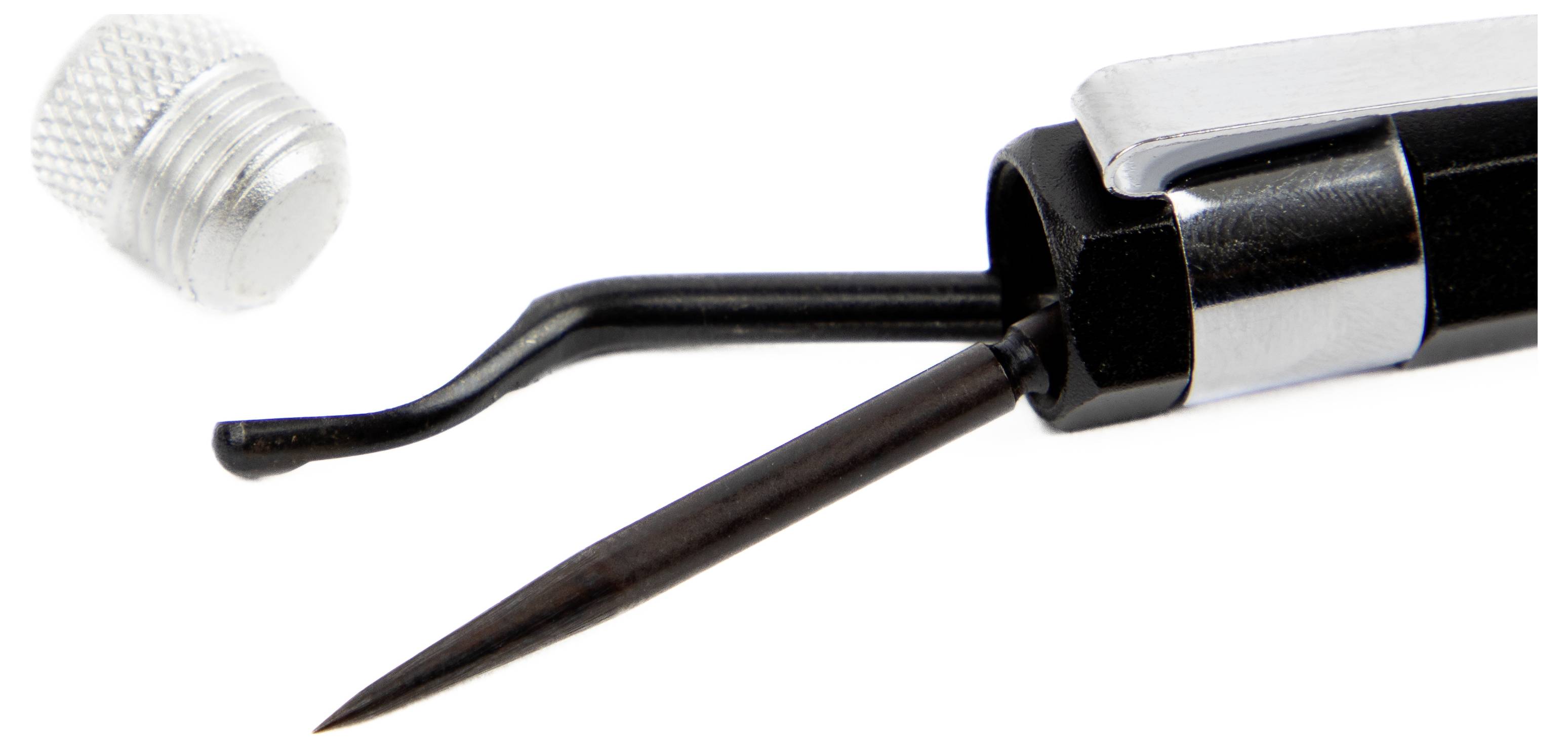 A black auto lock-picking tool with a tension wrench and a pick, alongside a silver tension knob, on a white background.