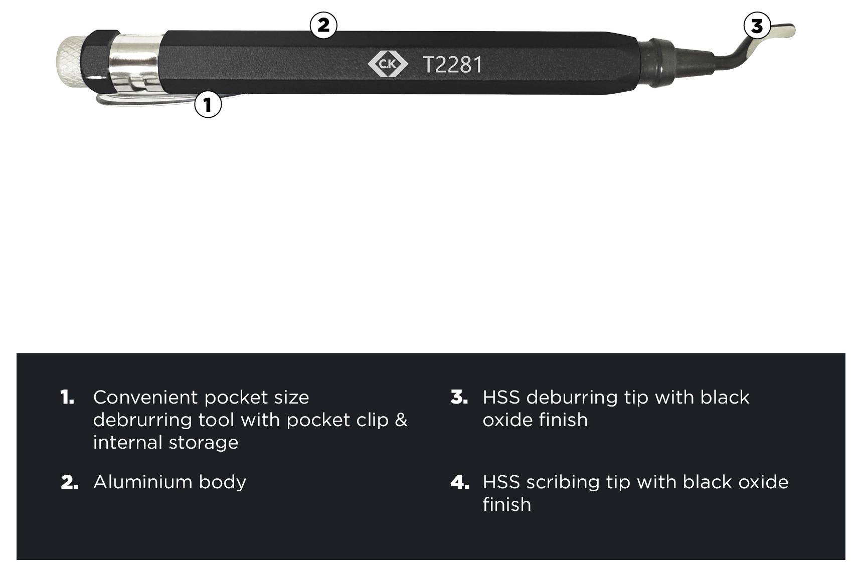 Convenient pocket size deburring tool with pocket clip, aluminum body, HSS deburring tip with black oxide finish, and HSS scribing tip.