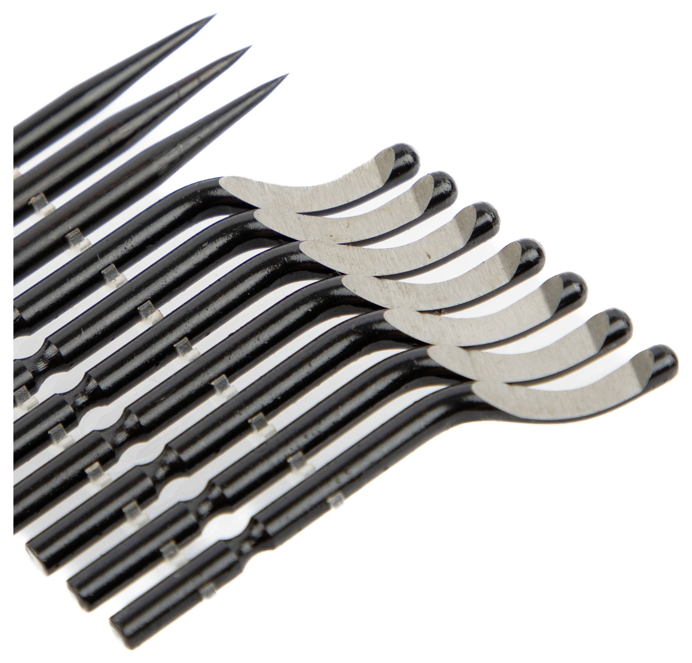 Curved black tweezers with pointed ends, aligned in a row, used for precise handling of small objects or intricate work.