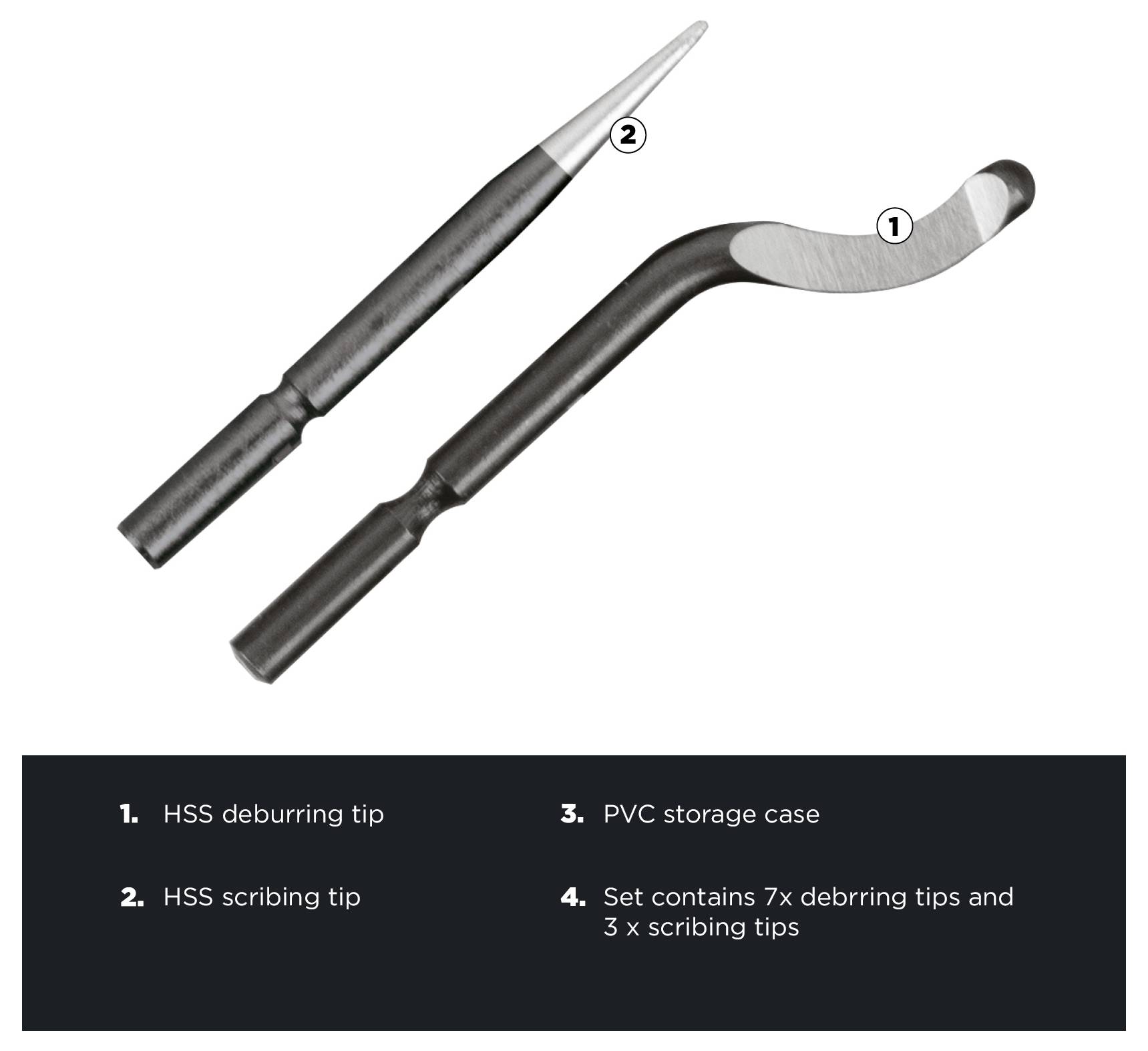 HSS deburring and scribing tips. Set includes 7 deburring tips and 3 scribing tips. Comes with a PVC storage case.