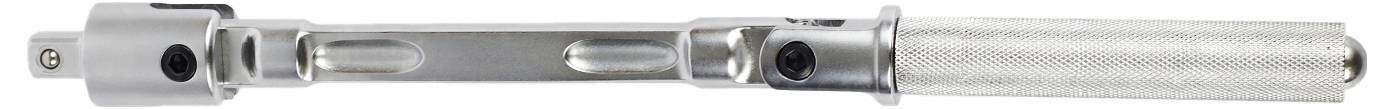 A silver torque wrench with a textured handle and adjustable settings, used for applying precise torque to fasteners.