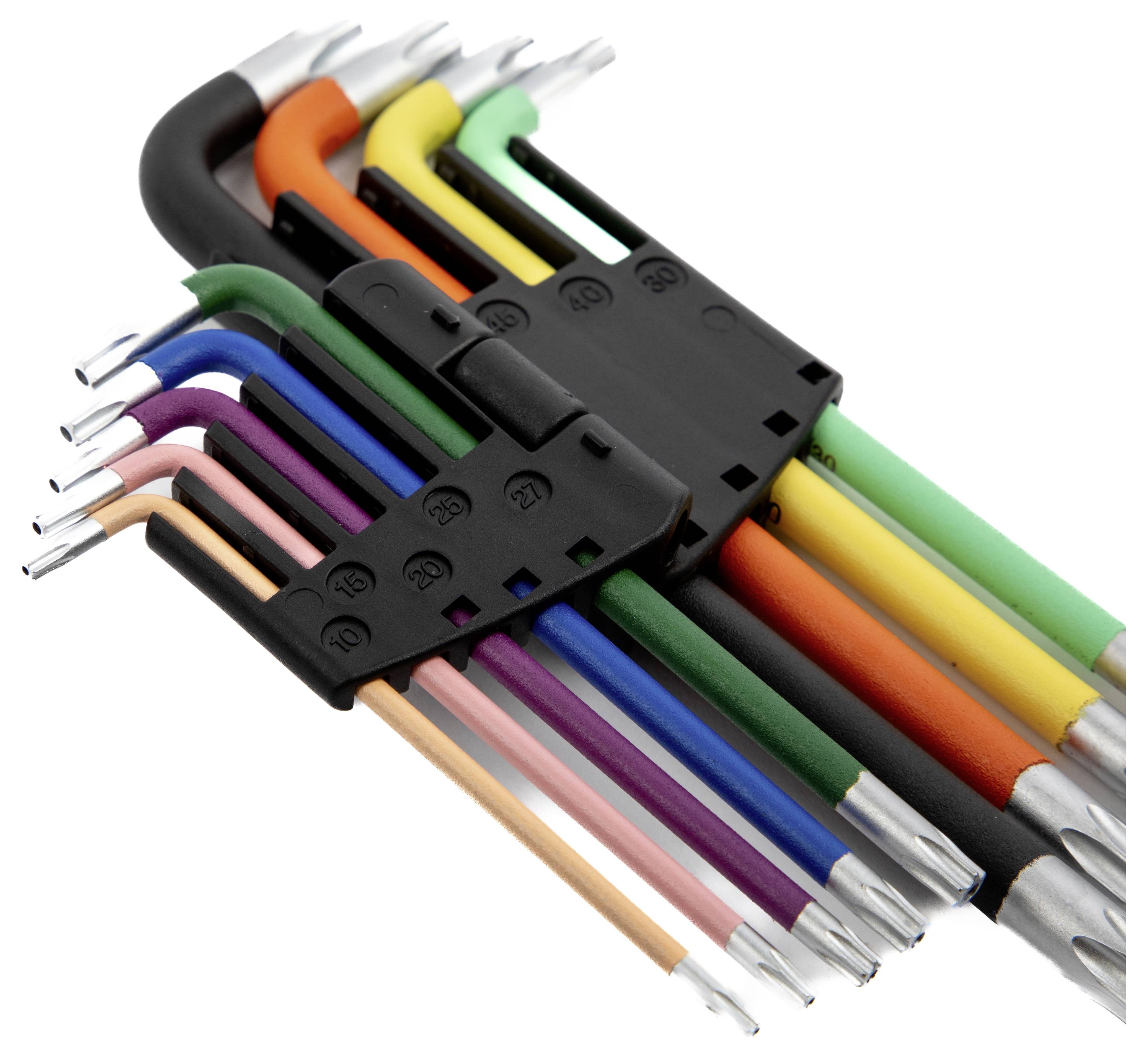 A set of nine L-shaped hex keys in assorted colors, organized in a black holder with sizes marked on it.