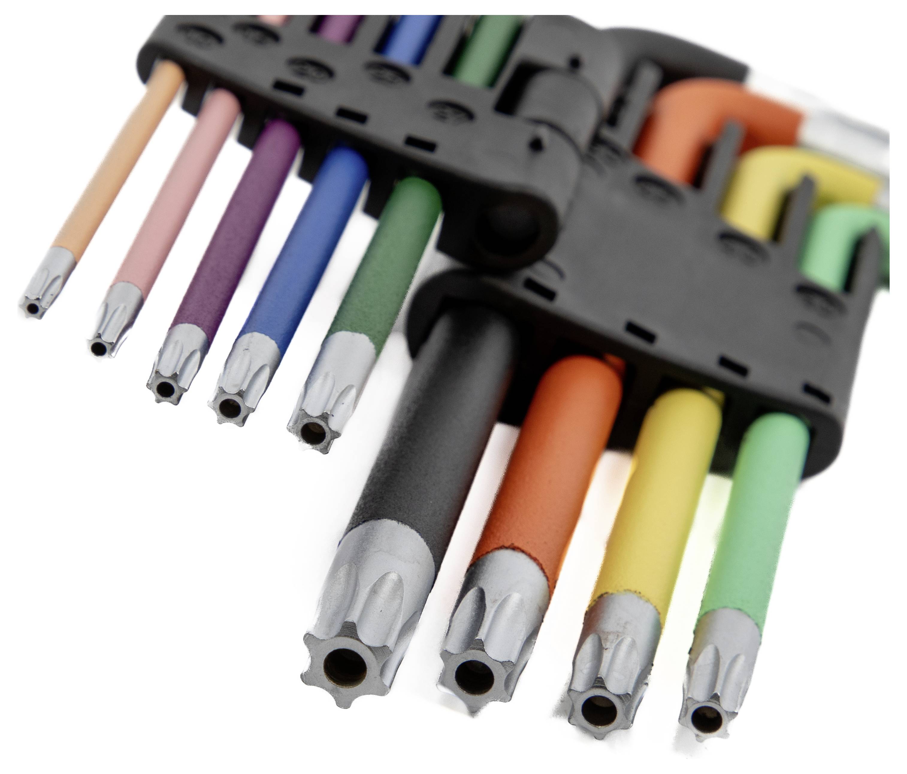 A set of nine colorful tools with hexagonal sockets arranged in a fan pattern, designed for tightening and loosening bolts.