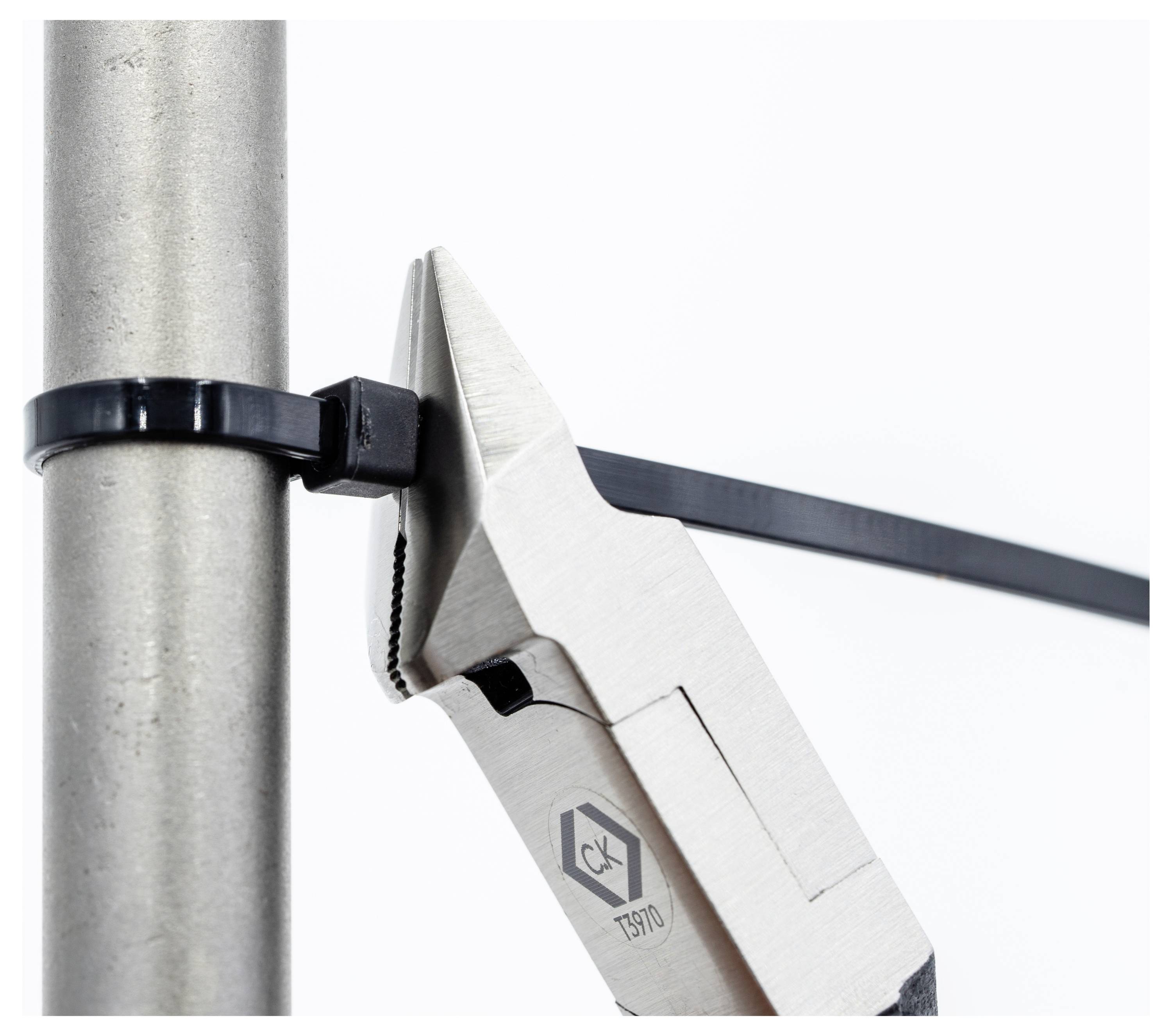 Close-up of pliers cutting a black zip tie wrapped around a metal pole.