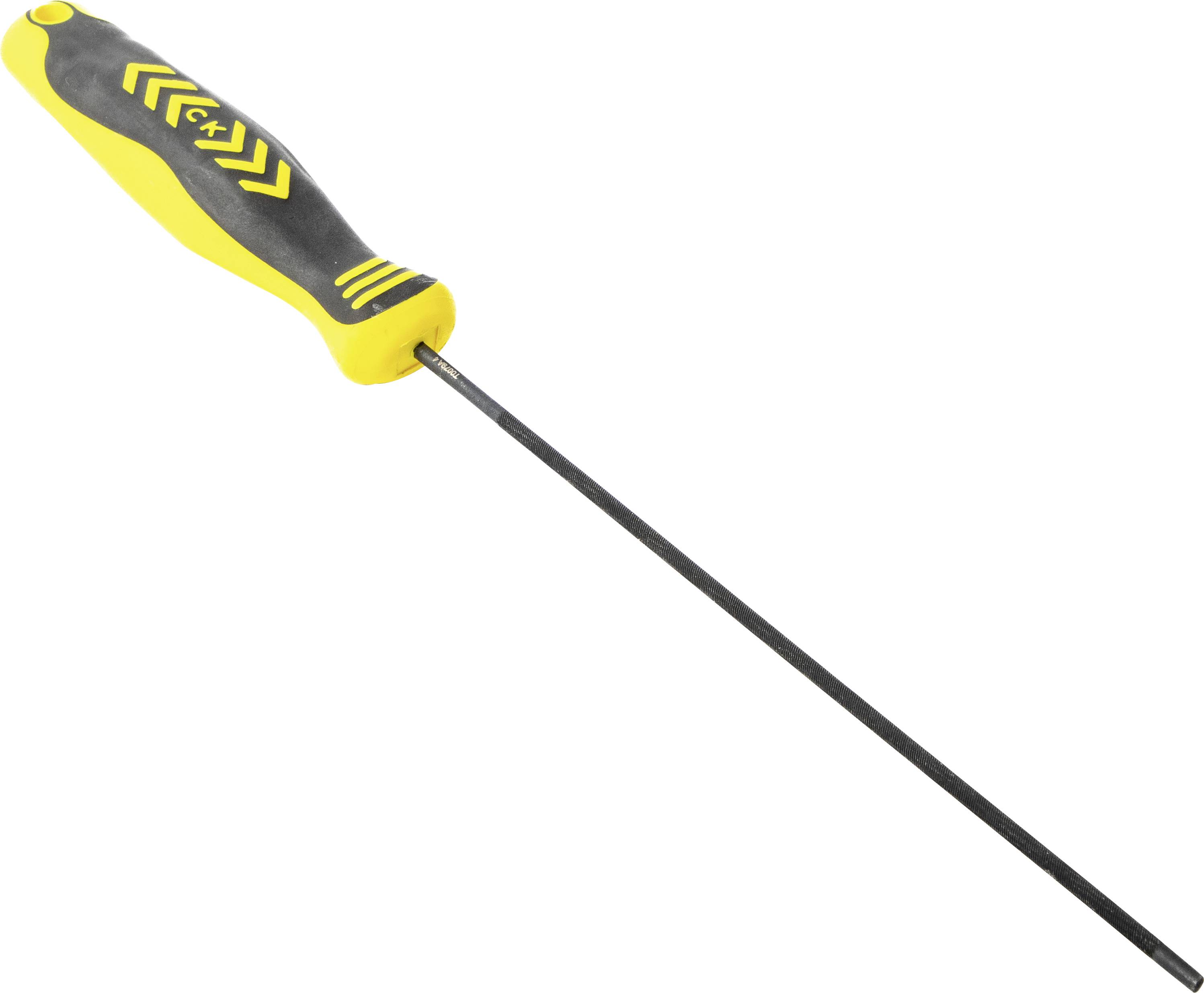 A long, black screwdriver with a yellow and black handle featuring a '+' symbol, viewed from an angle, positioned on a white background.