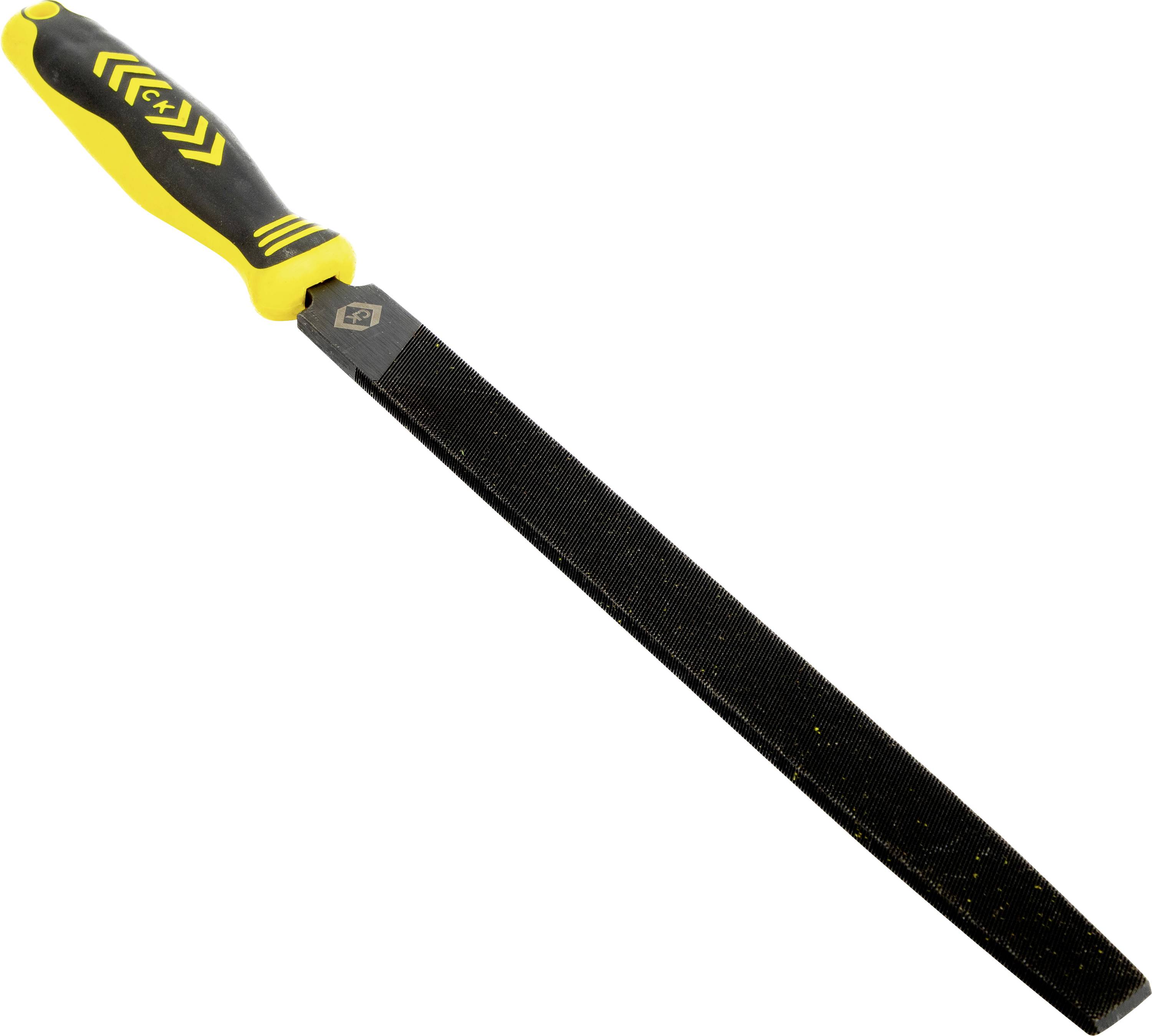 A black and yellow-handled flat metal file tool with a rectangular, textured filing surface, used for smoothing surfaces and shaping materials.