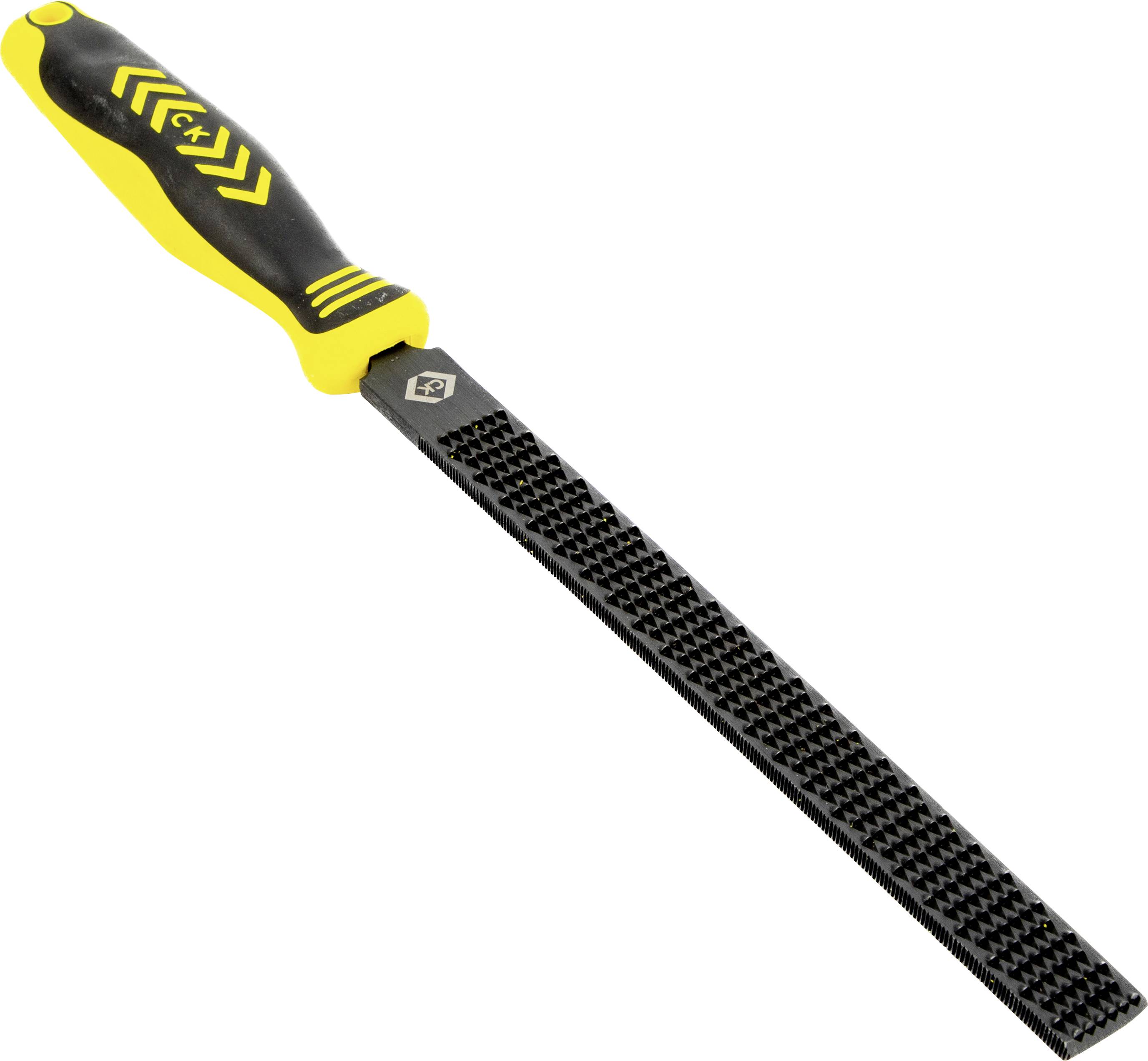 A black and yellow hand file with a textured blade and ergonomic handle, designed for smoothing wood or metal surfaces.