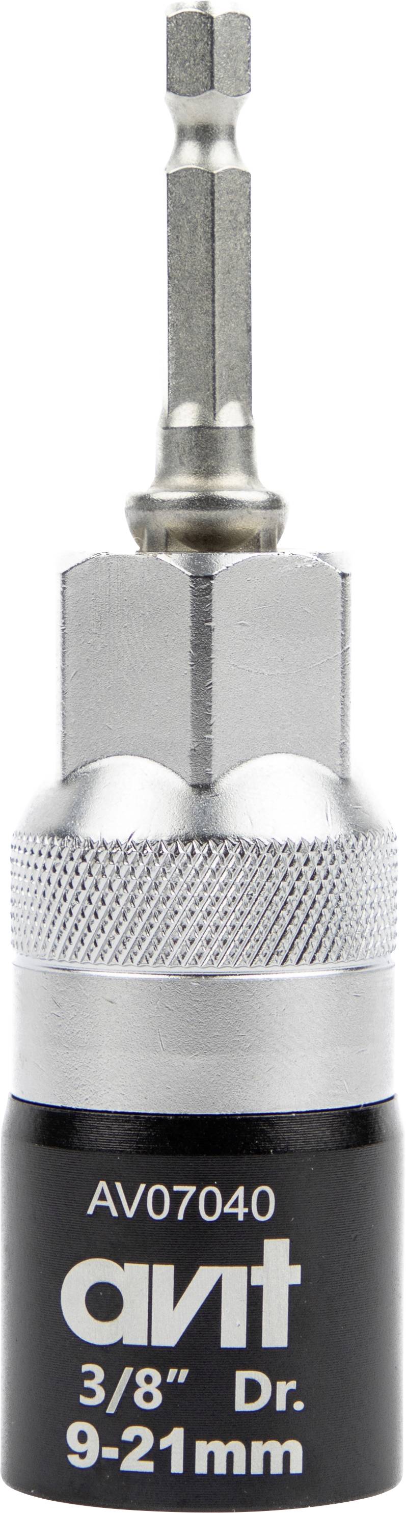 A silver and black socket adapter with text reading 'AV07040, 3/8