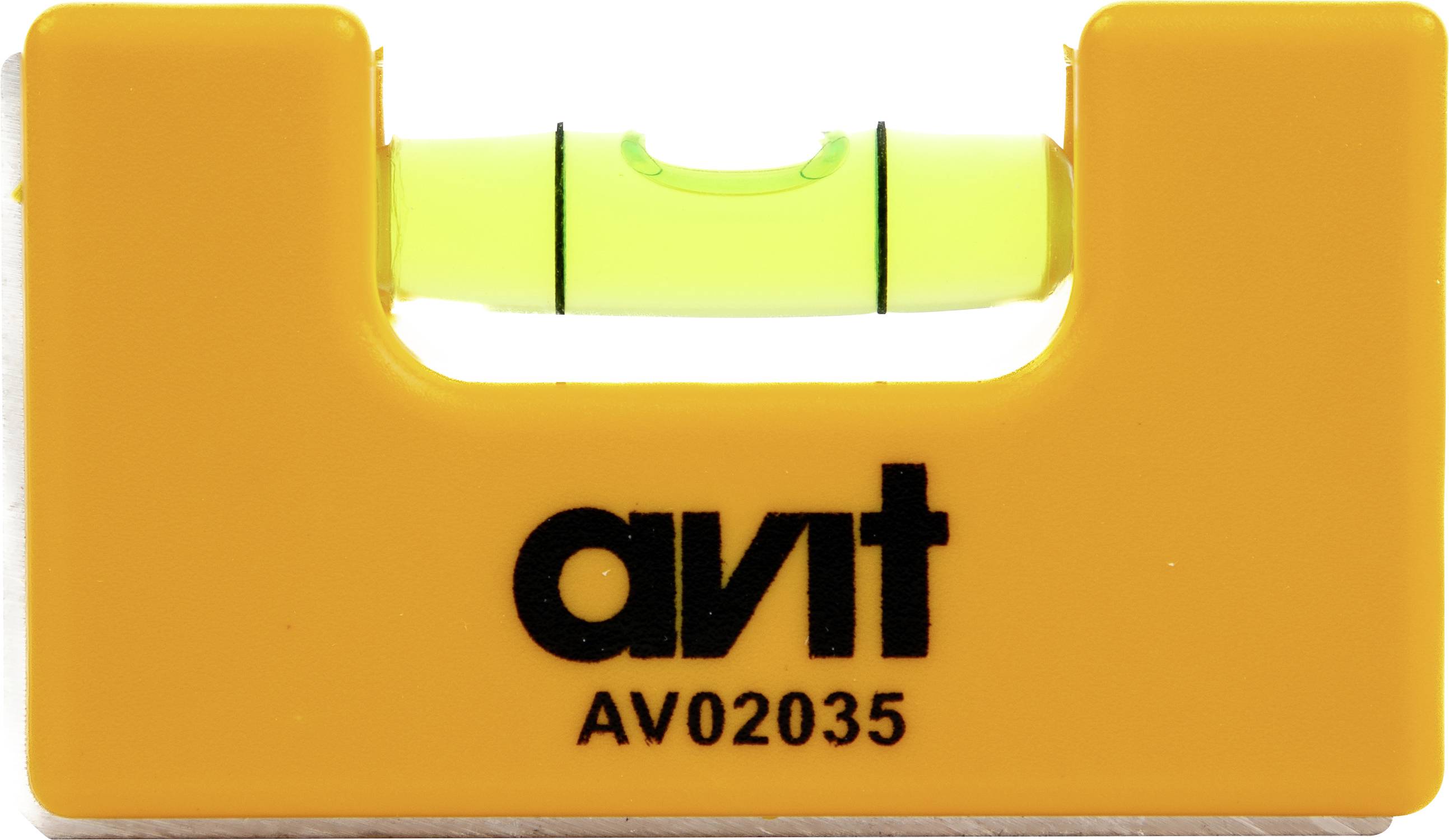 A small, orange spirit level with a clear tube and a green liquid bubble at the center. It is branded with 'avit' and model number 'AV02035'.
