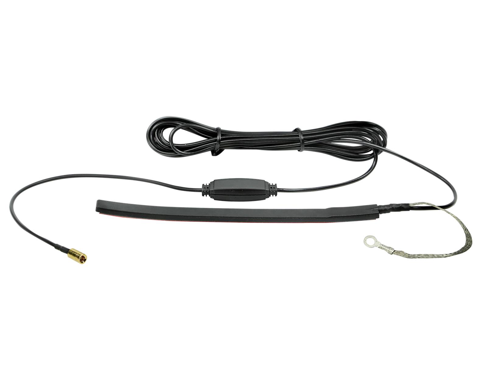 Black wired antenna cable with inline connector and mounting strip, shown on a white background.