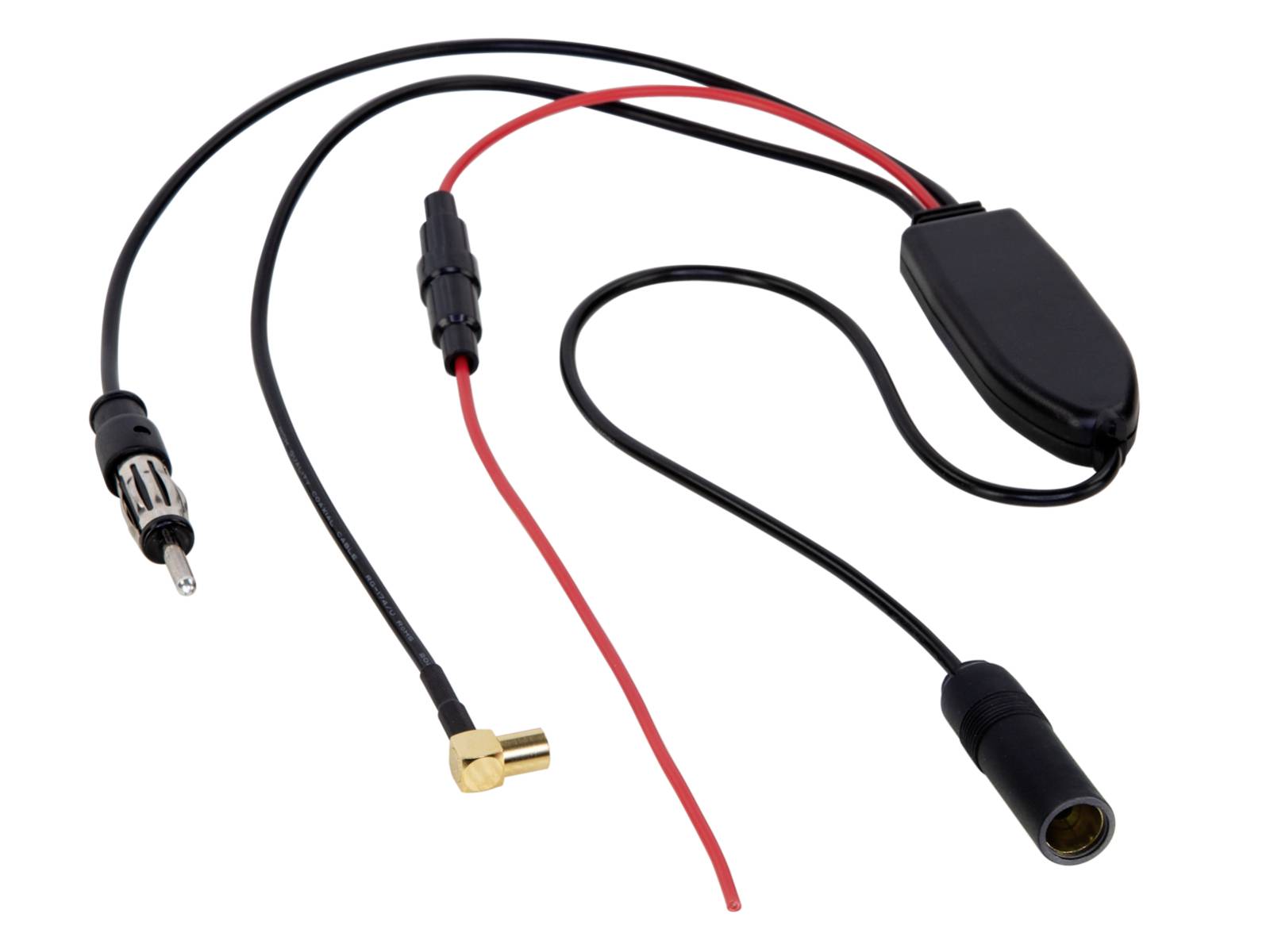 A car power adapter cable with a cigarette-lighter plug, inline fuse, and two bare wire leads with connectors.