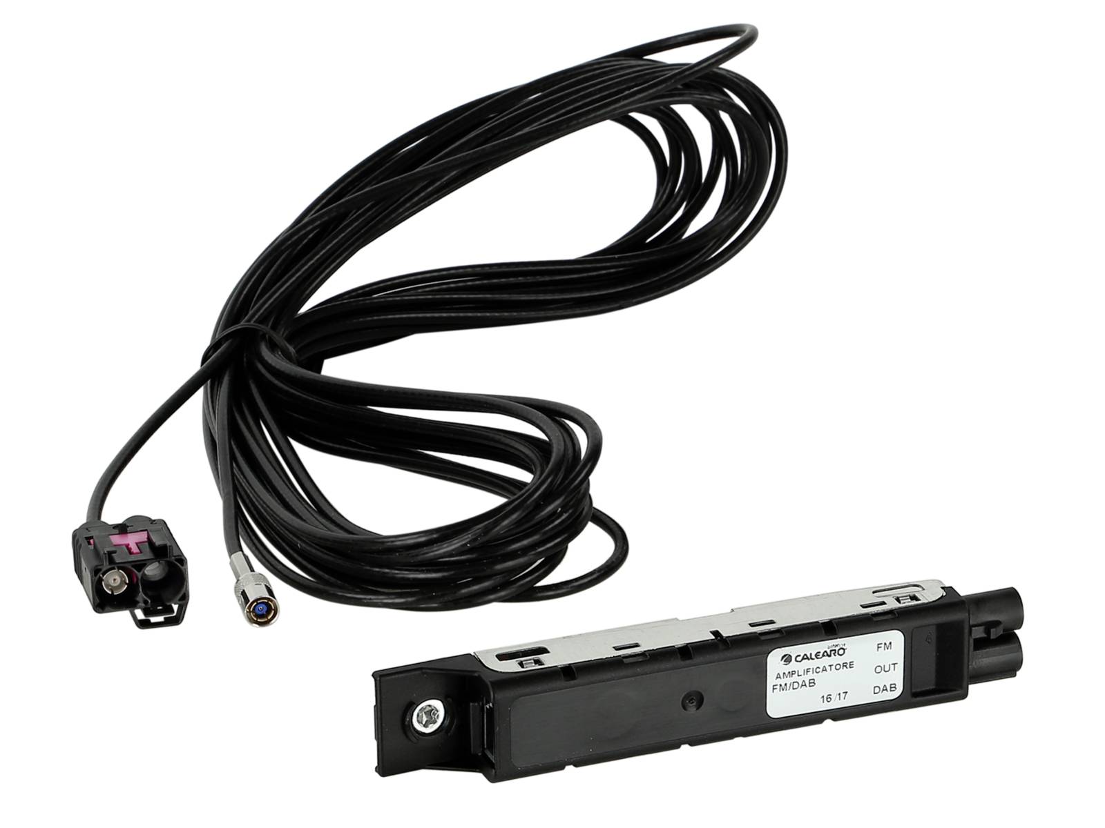 Black coaxial cable with connectors beside a small rectangular automotive electronic module on a white background.