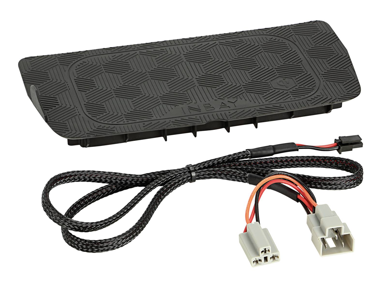 Black rectangular electronic module with braided cable and two connector plugs shown on a white background.