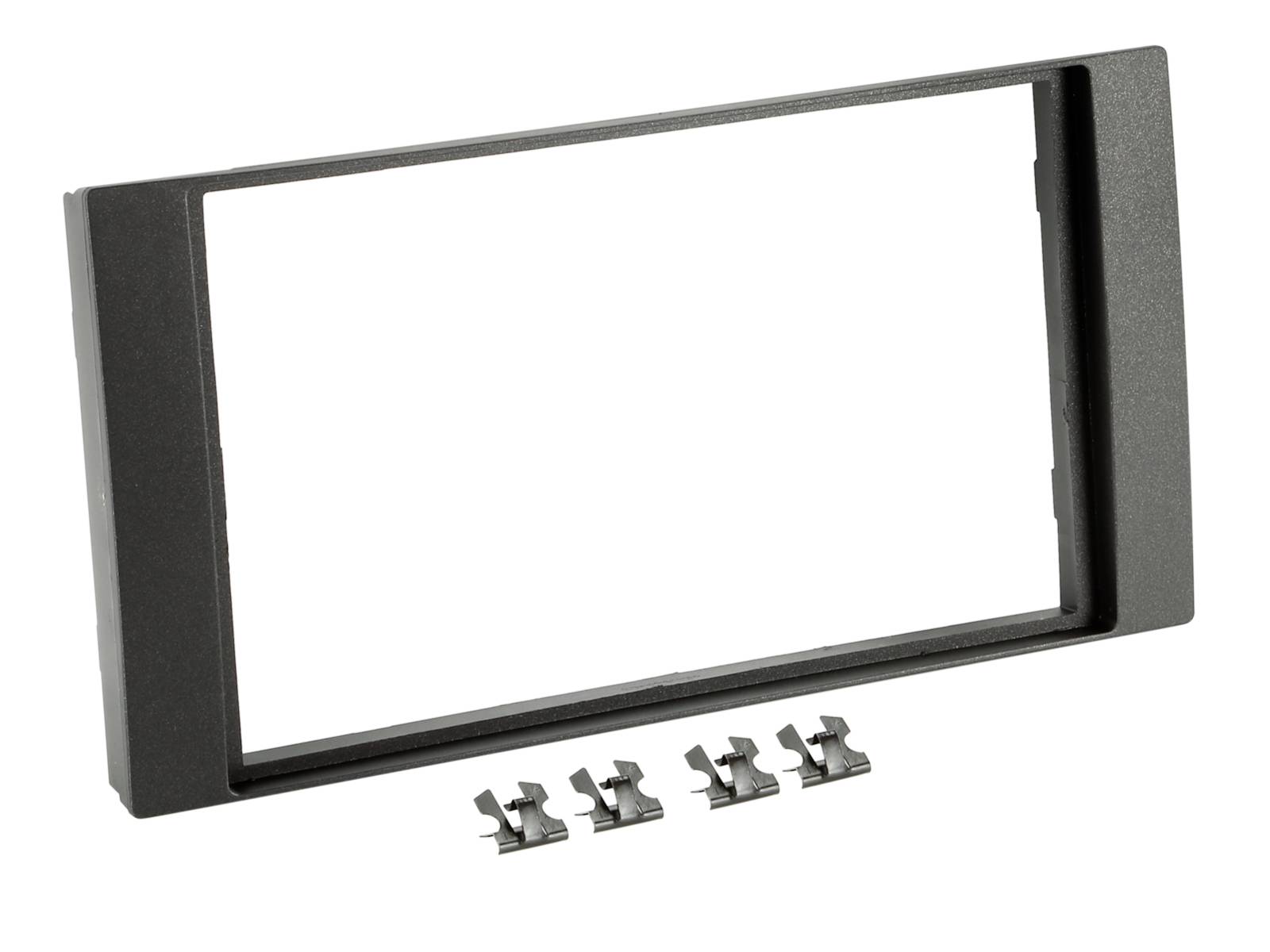Black plastic car stereo dash mounting frame with four metal clips on a white background.