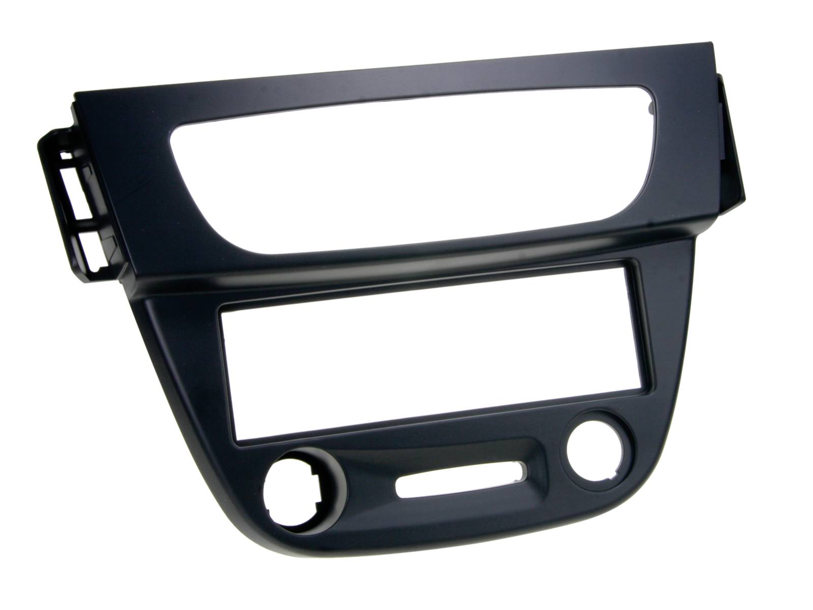 Black car dashboard center console trim panel with large upper display opening, lower rectangular slot, and circular control cutouts on a white background