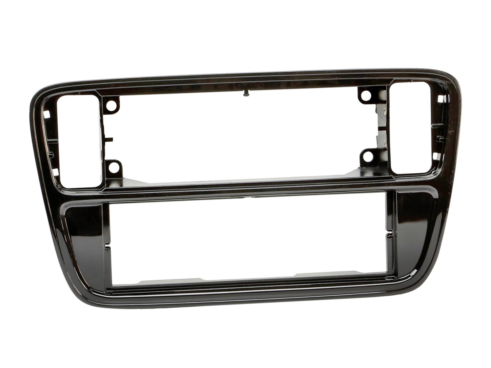 Black plastic dashboard trim bezel with openings for car radio and control panels, shown on a white background.