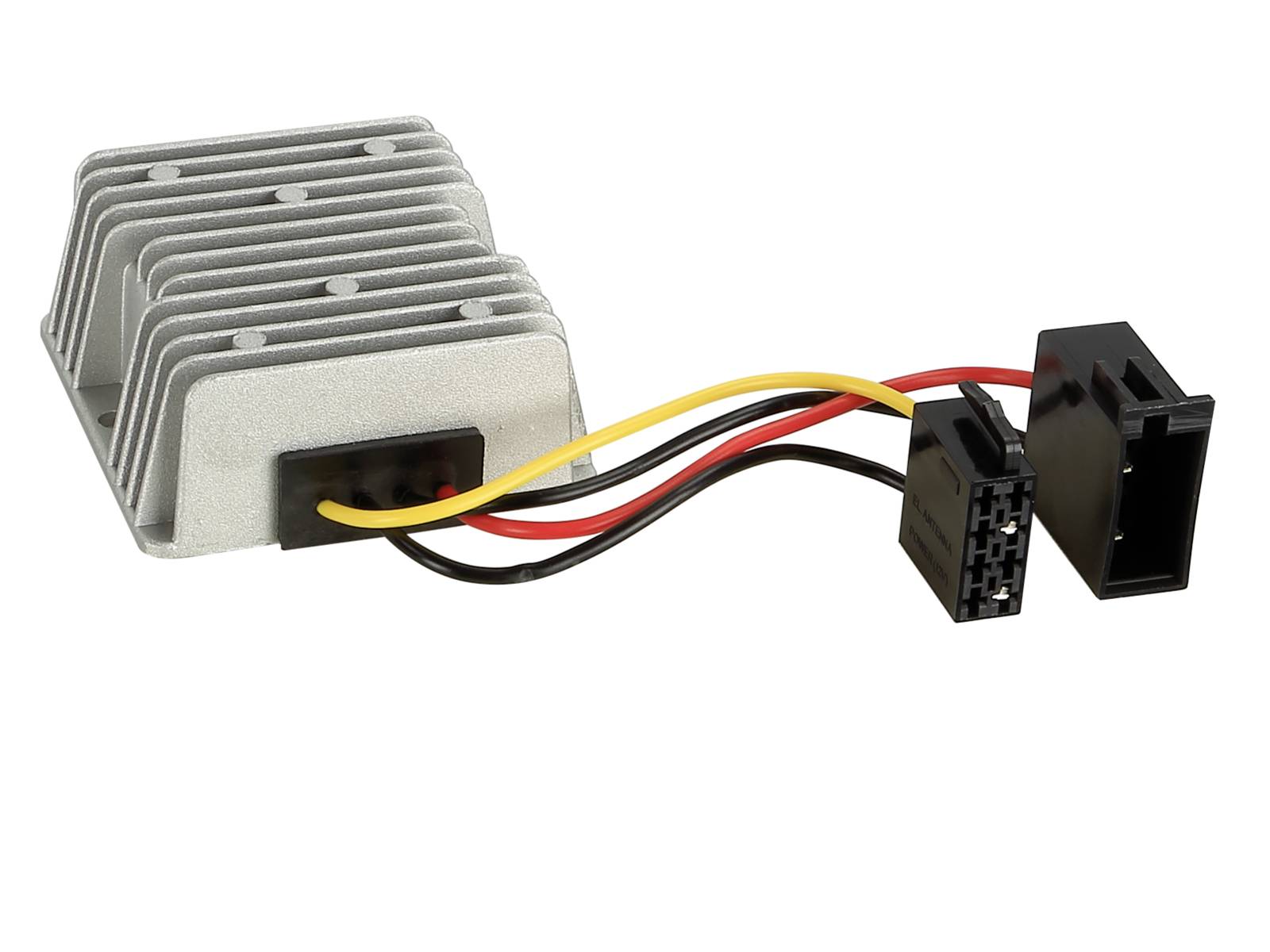 Silver finned electrical component with red, yellow, and black wires ending in two black connectors on a white background