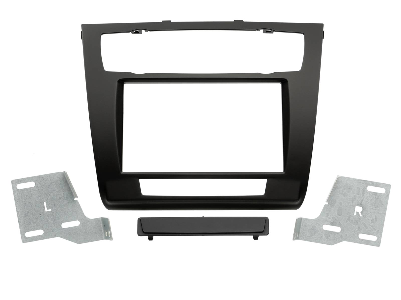 Black car dashboard radio installation kit with two metal side brackets labeled L and R and a small mounting piece.