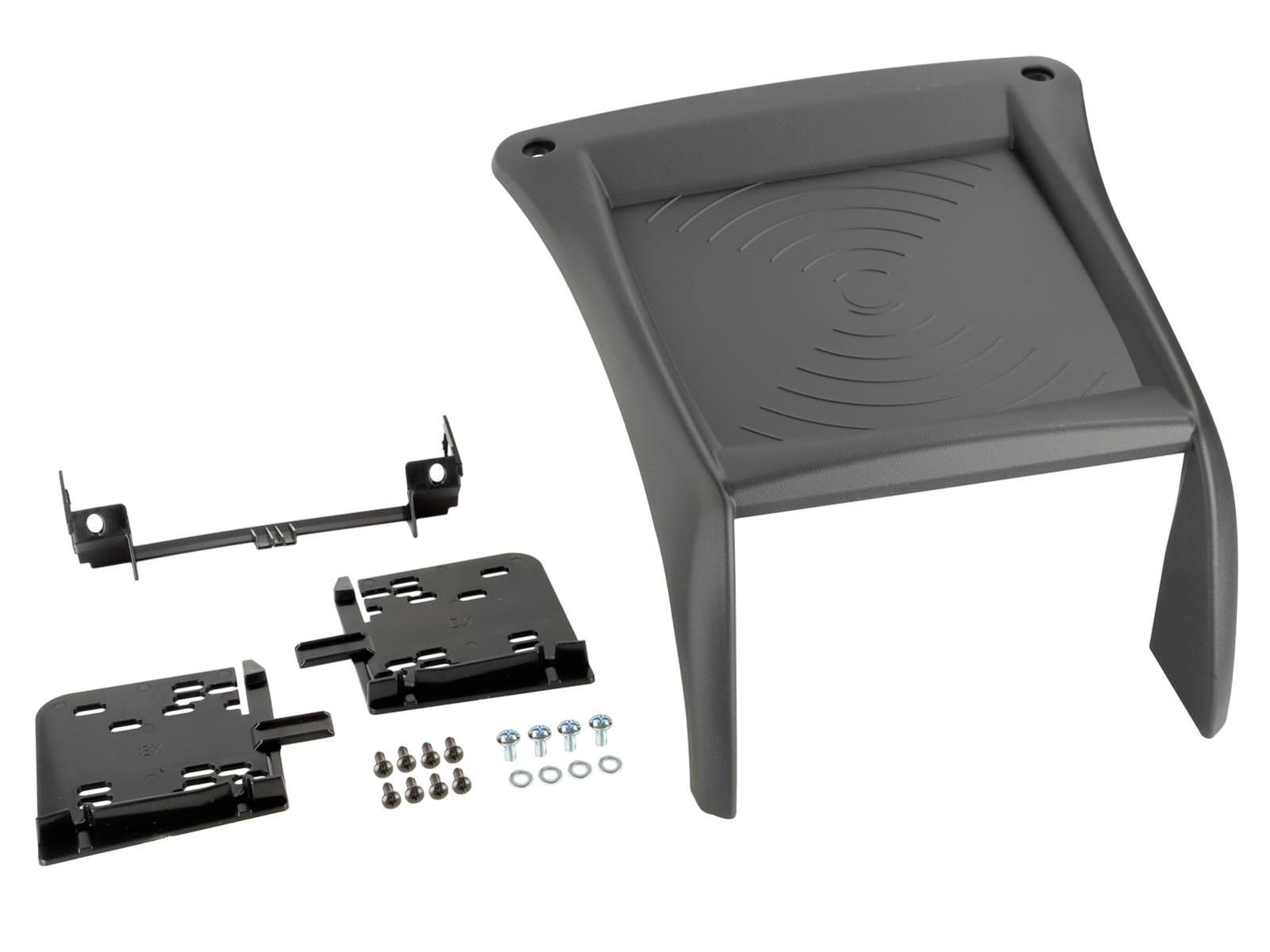 Product parts shown: a dark gray dashboard-style tray with mounting brackets, plates, screws, and washers for assembly.