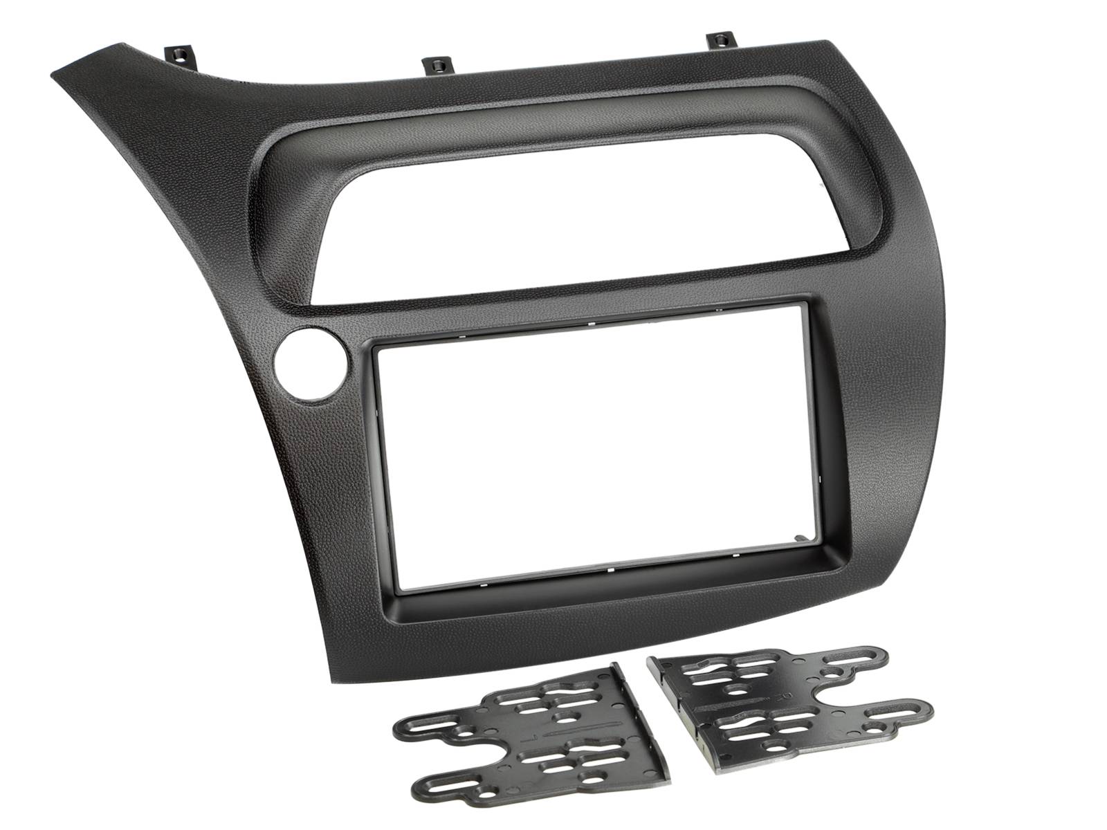 Black plastic car stereo dash installation kit with rectangular radio opening and mounting brackets
