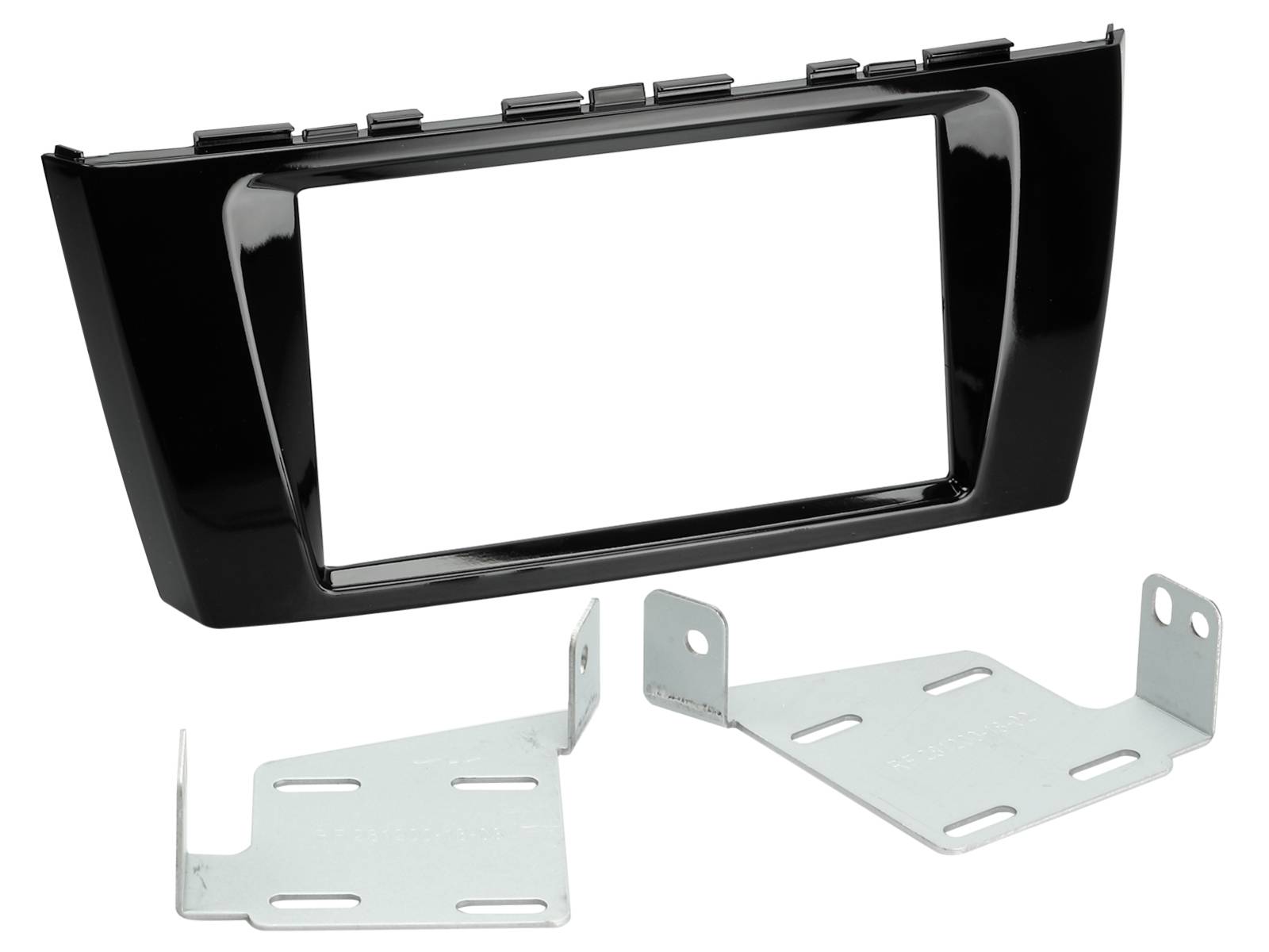 Black car dashboard stereo trim bezel with two silver metal mounting brackets shown on a white background.