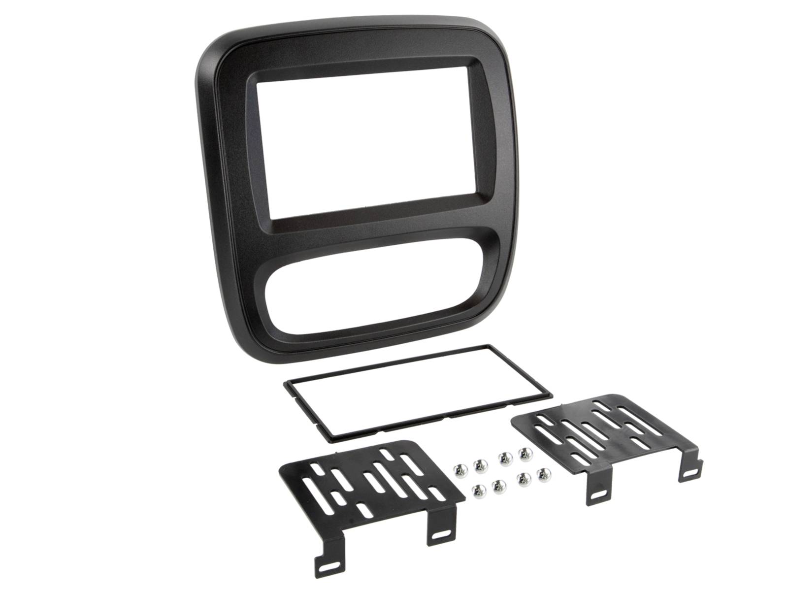 Exploded view of a black plastic device bezel or frame with mounting brackets, screws, and trim pieces arranged for assembly.
