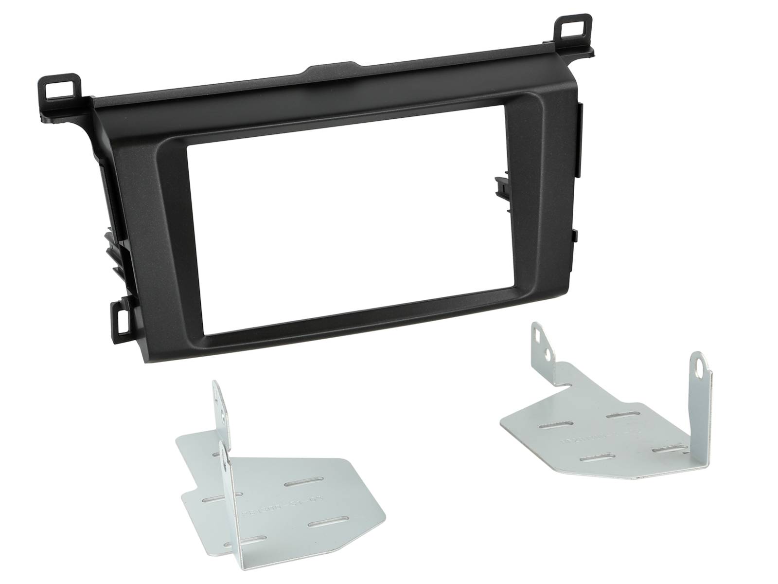 Black car dashboard stereo mounting kit with trim bezel and two silver metal brackets on a white background.