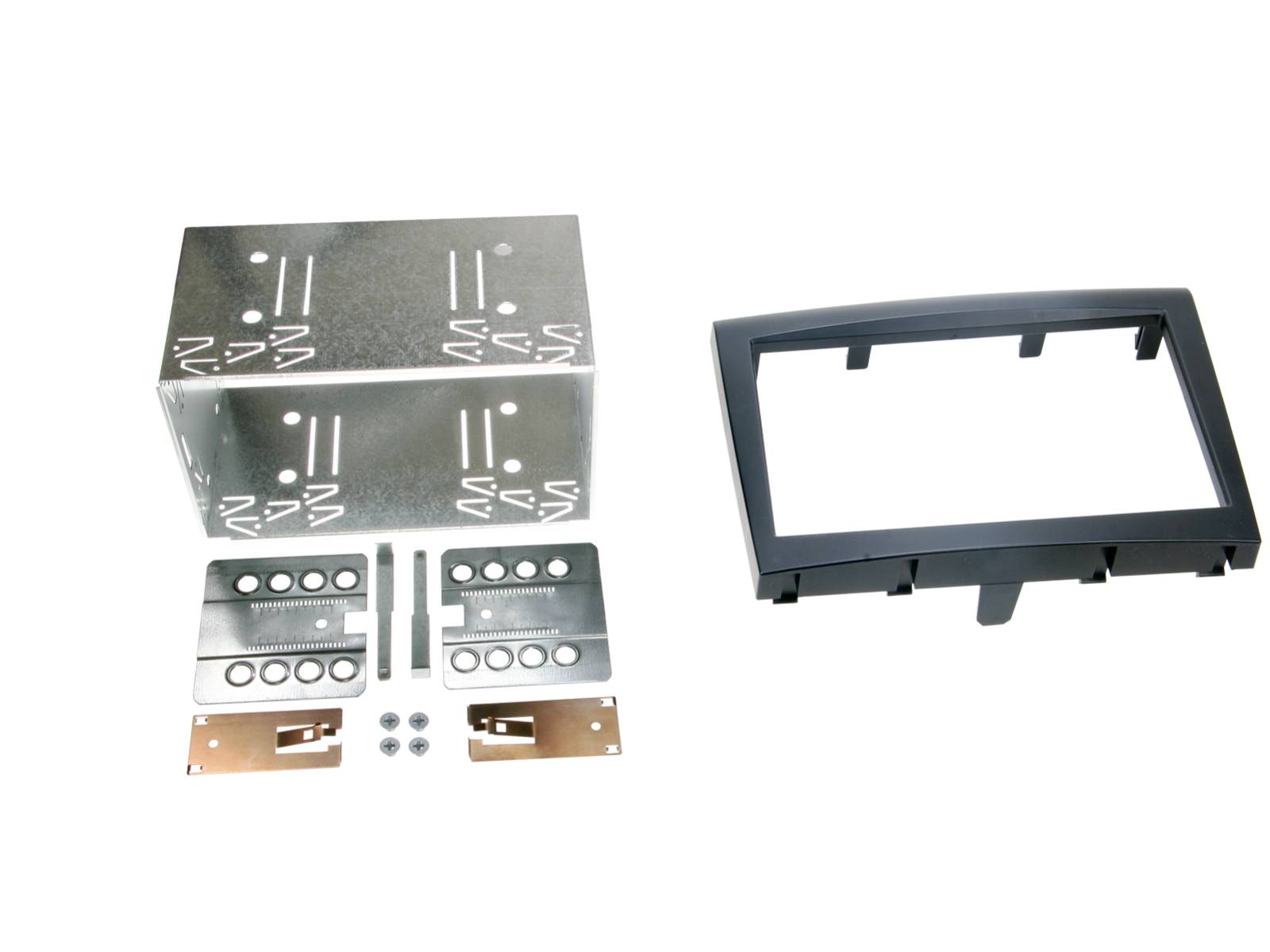 Car stereo installation kit parts: metal mounting brackets, screws, and a black dashboard trim frame on a white background.