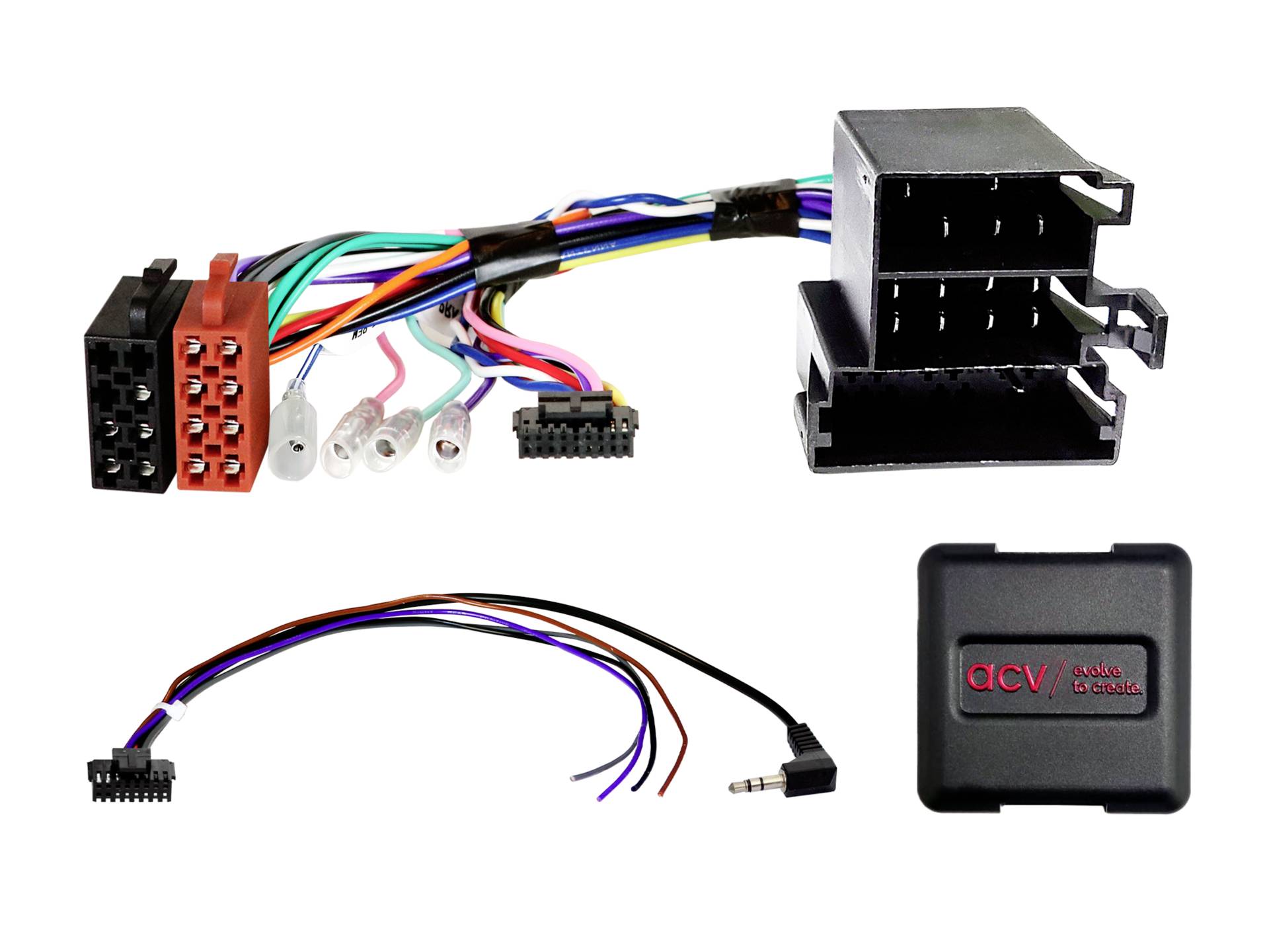 Car stereo wiring harness kit with two multi-pin adapters, cable leads, and a small interface module for vehicle audio installation.