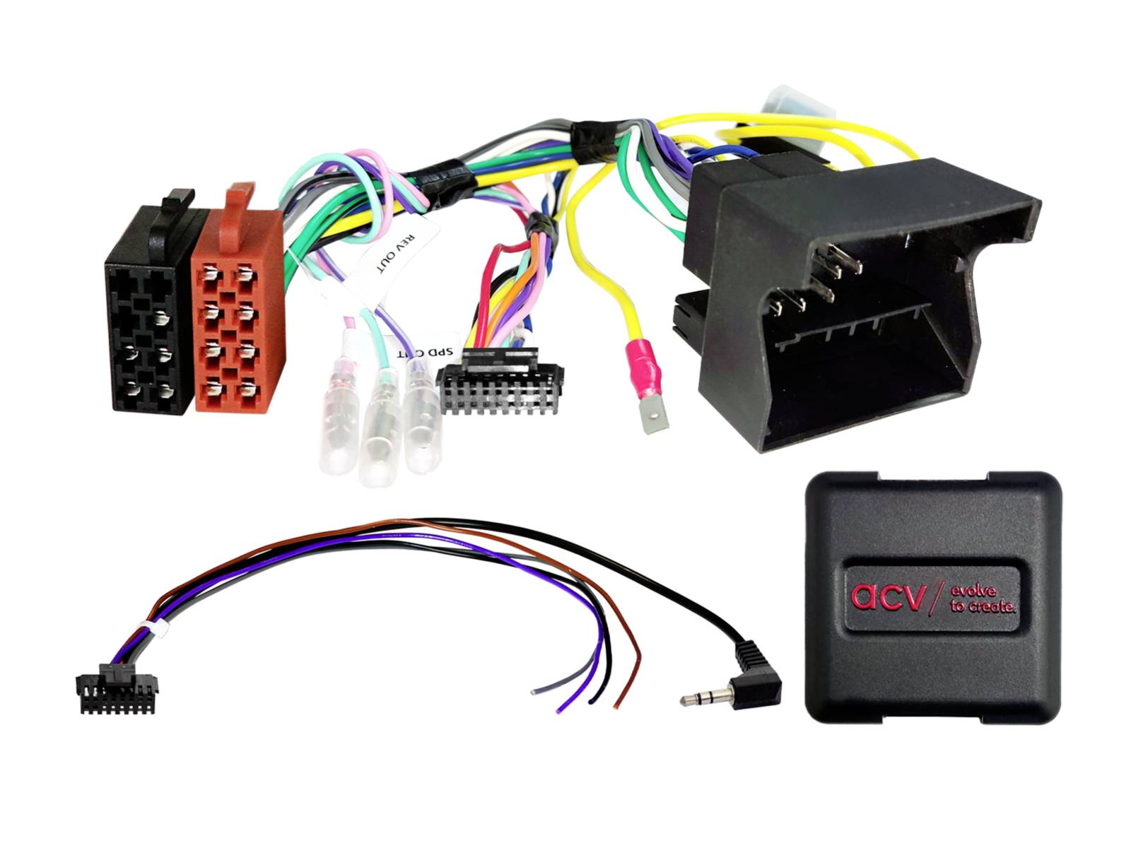 Car stereo wiring harness kit with multiple color-coded connector plugs, a small adapter cable, and a black ACV interface module.