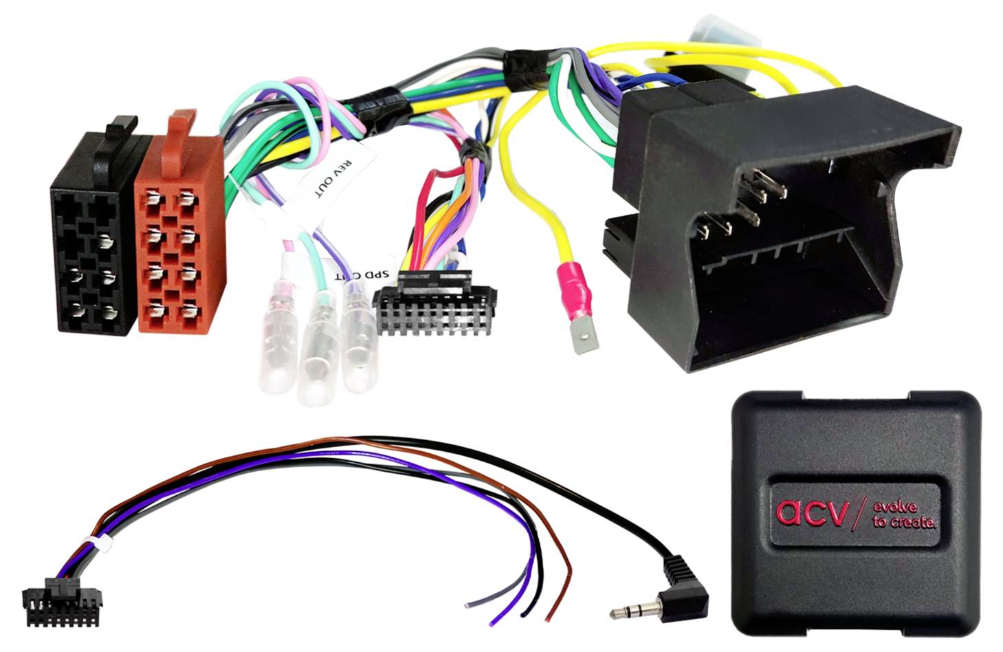Car stereo wiring harness adapter set with two connector plugs, loose colored wires, and a black 'acv' control module with audio control label.