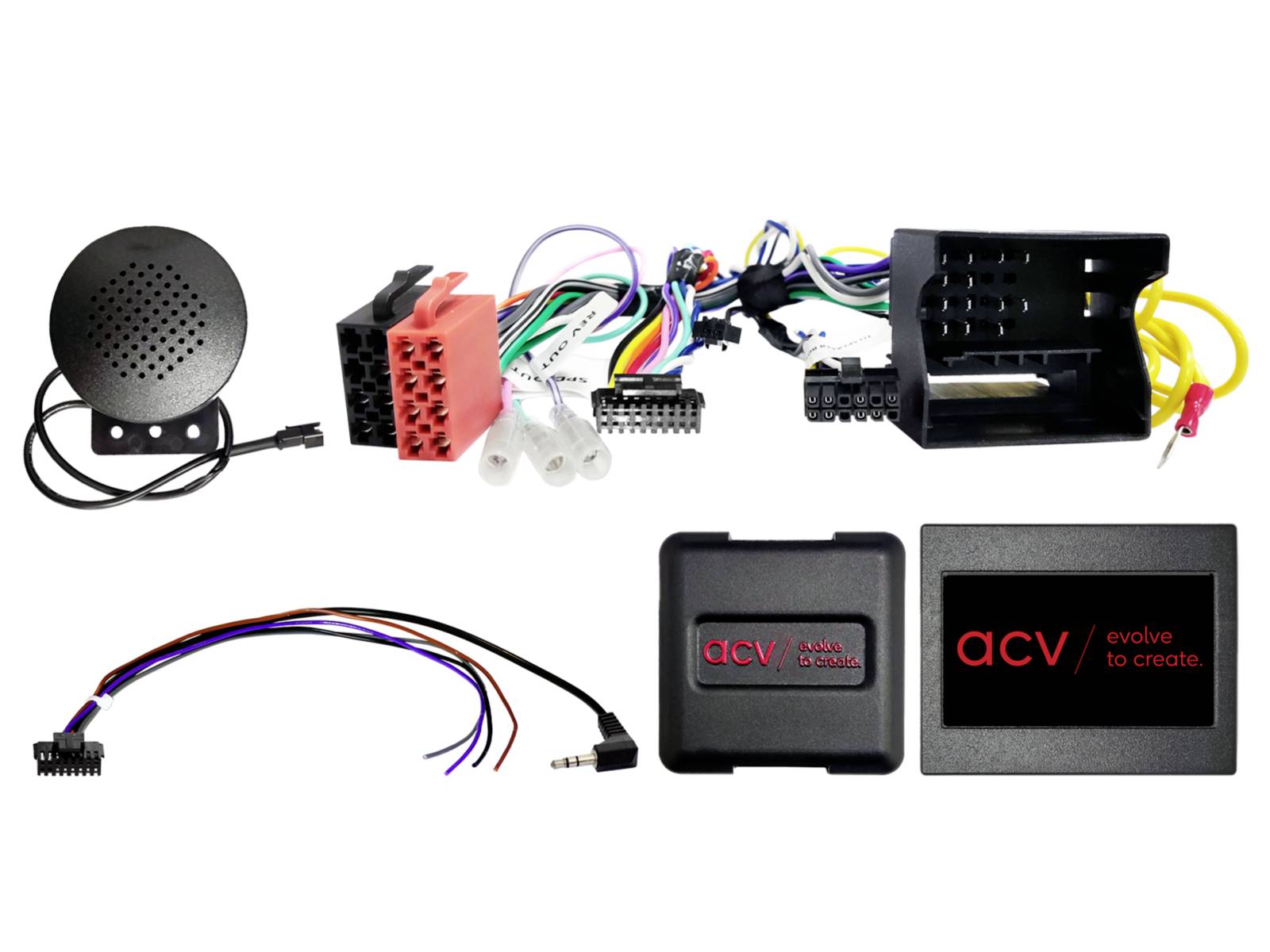 Car audio wiring kit with round speaker, connector harnesses, and ACV module boxes displayed on a white background.