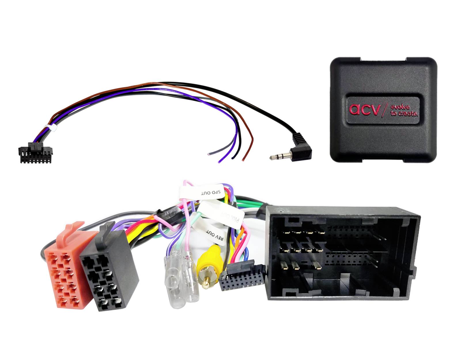 ACV car stereo wiring adapter kit with interface box, harness cables, and multiple radio connectors on a white background