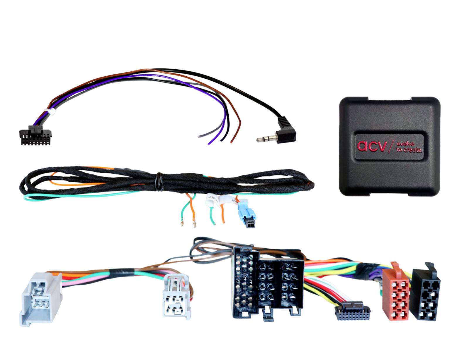 Car stereo wiring harness kit with adapter module, multiple color-coded cables, plugs, and terminal block for vehicle audio installation.