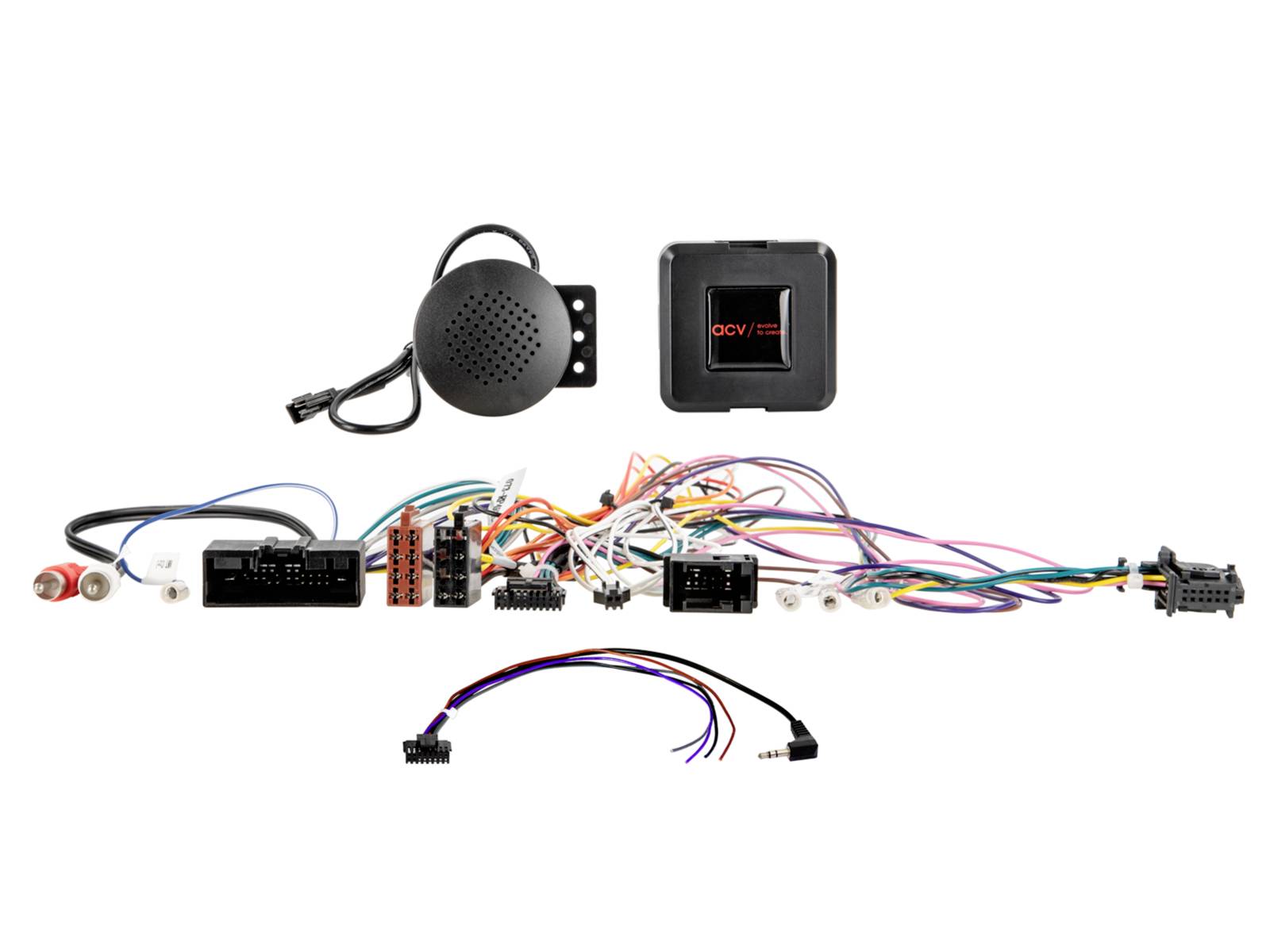 Car stereo wiring kit with a round buzzer, DCV switch, fuse holder, connectors, and a multicolored wiring harness laid out on white background.