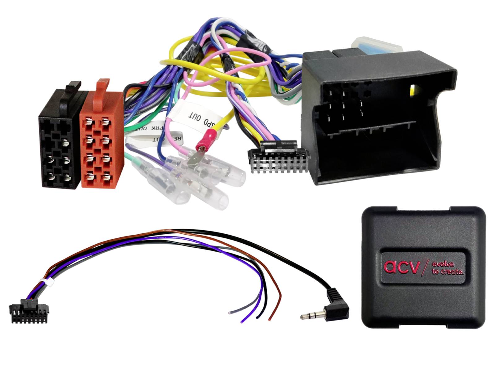 Car stereo wiring harness adapter kit with multiple connector plugs, colored wires, and a small black control box with 3.5 mm plug.