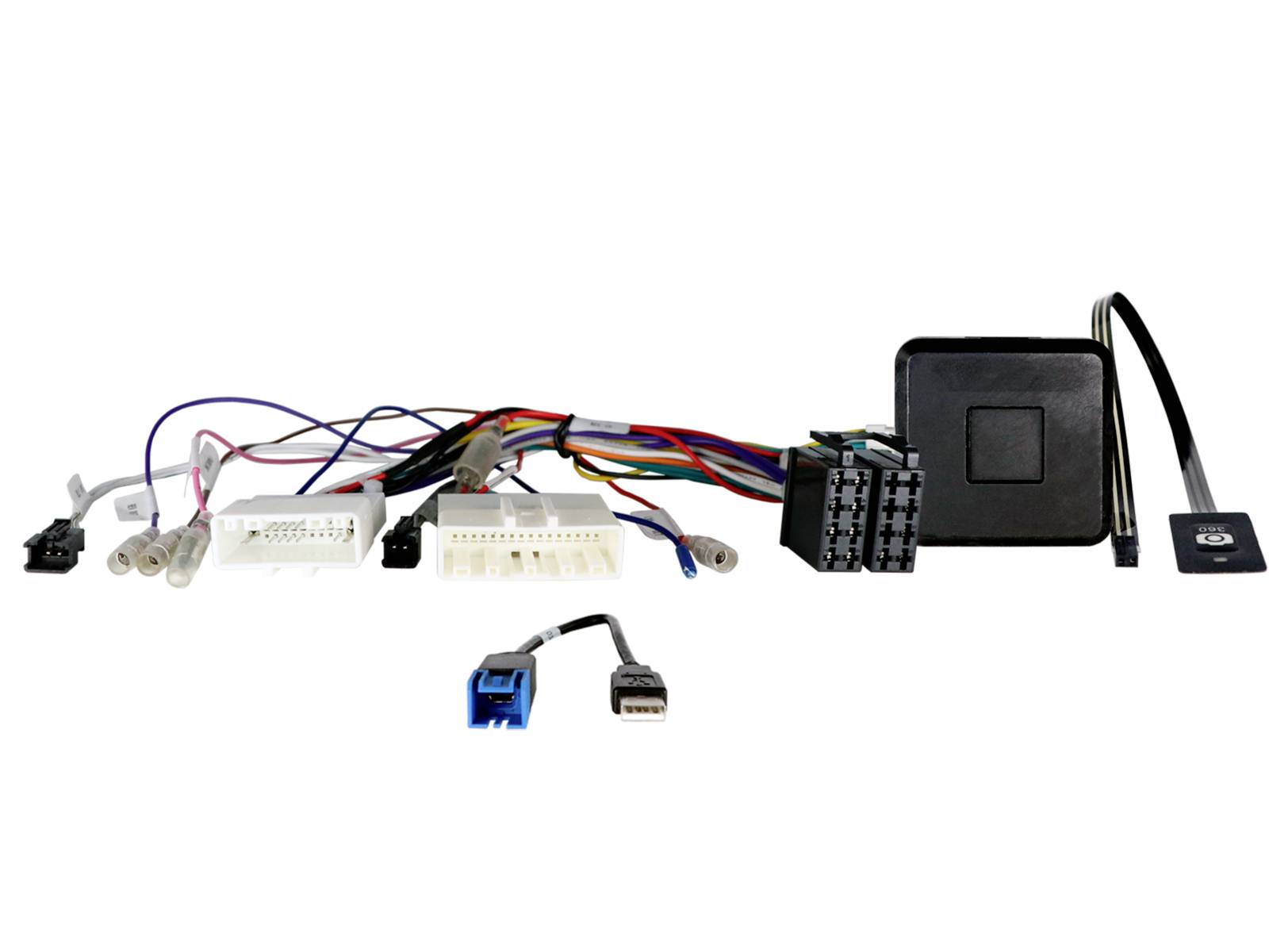 Car stereo wiring harness adapter with multiple labeled connectors, a control module, antenna cable, and two additional plugs on a white background.