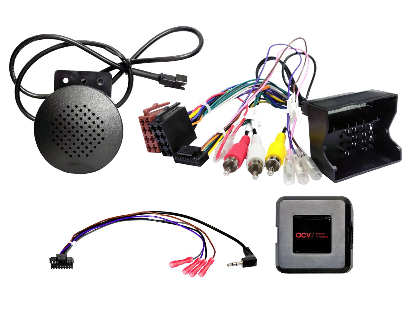 Car audio wiring harness kit with speaker, connector plugs, RCA and power cables, and a small module/adapter.