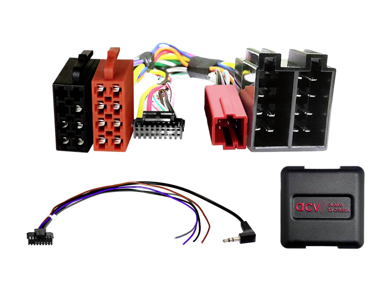 Car stereo wiring harness adapters and interface module with color-coded connectors and plug leads on a white background.