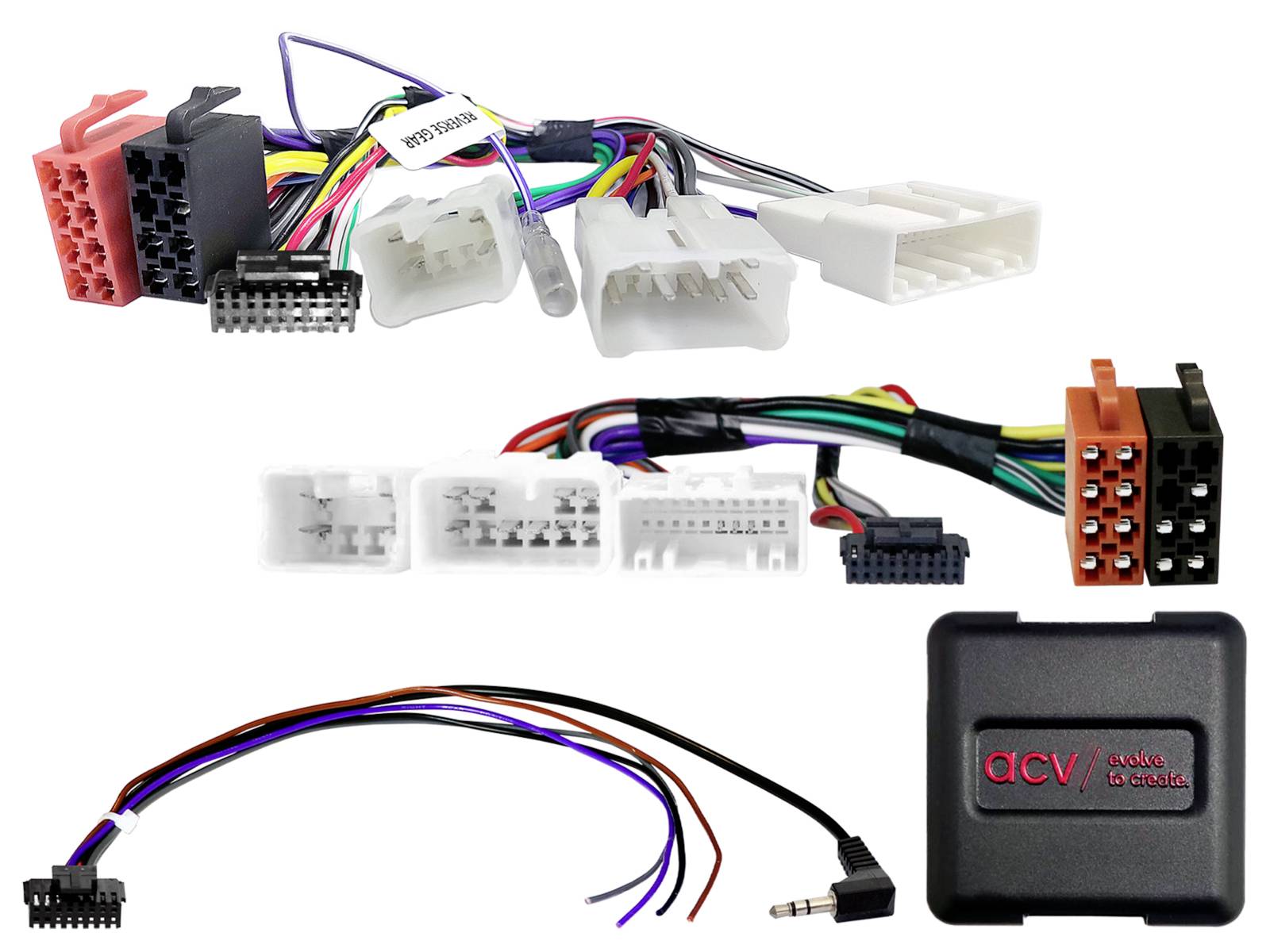 Assorted car stereo wiring harness adapters and an aCV audio interface module with multicolored cables on a white background.