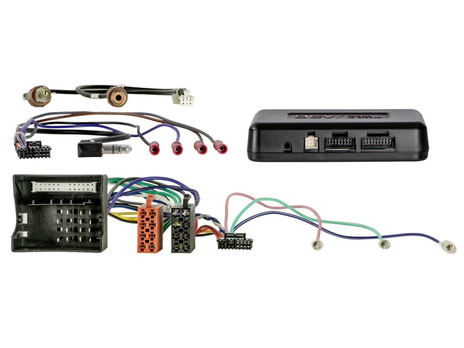Car stereo wiring harness kit with black adapter module, connector blocks, and colored cables ending in plug terminals on a white background