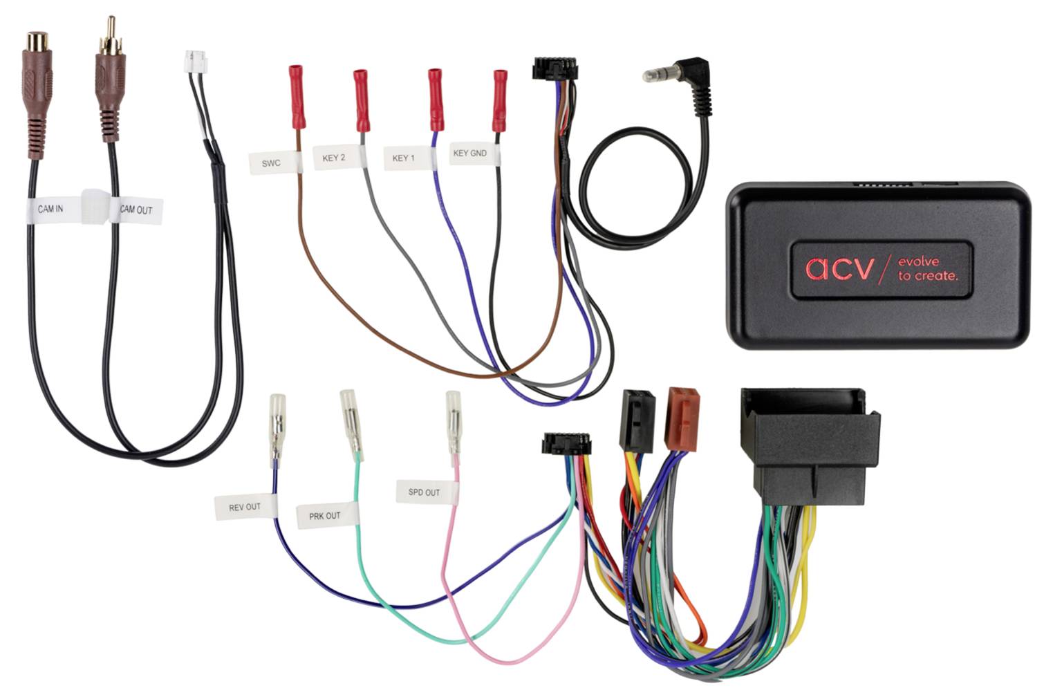 Wiring harness kit with labeled connectors, red and black power leads, assorted plug adapters, and an 'acv' module box for car audio installation.